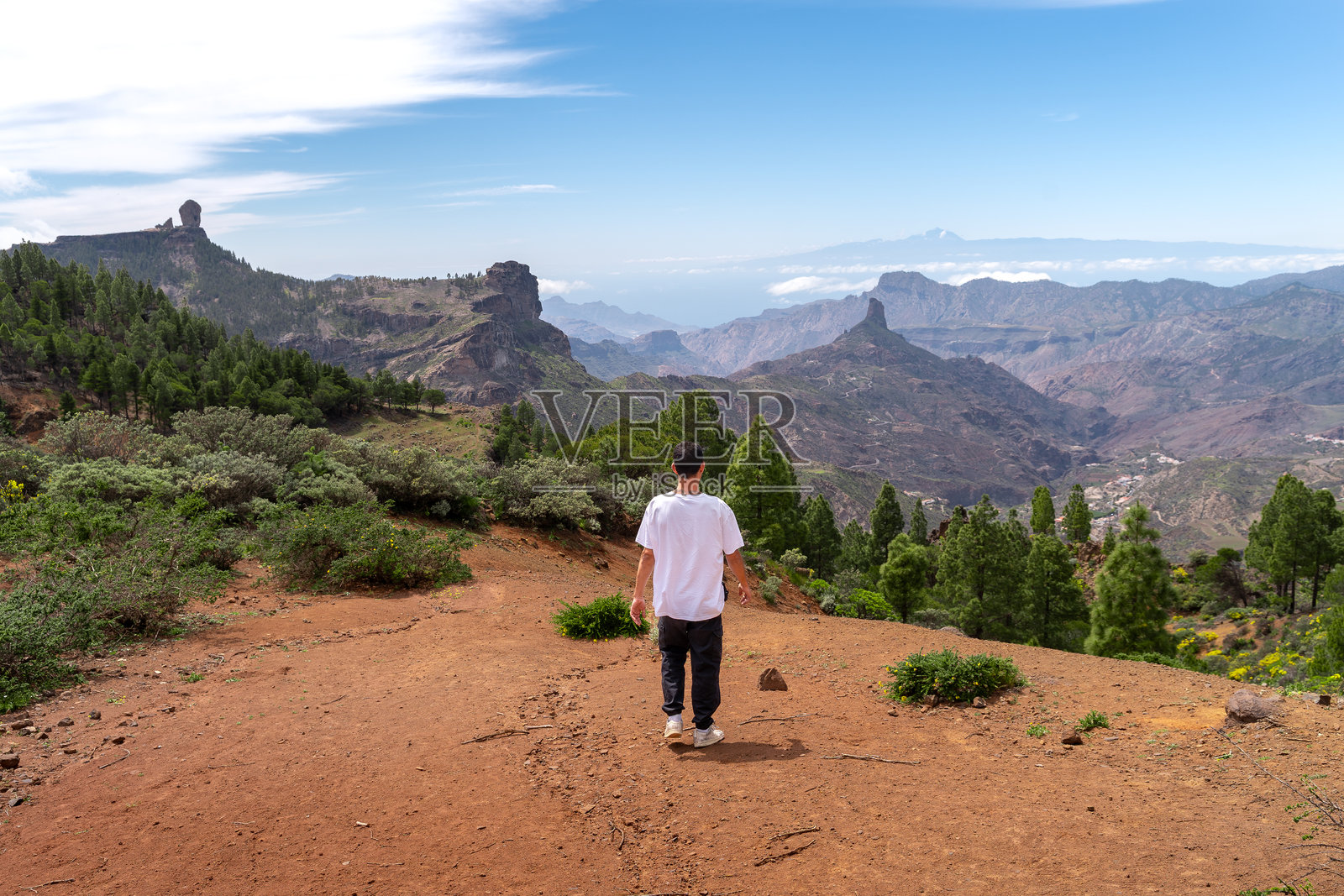 年轻男子在阳光明媚的日子里徒步旅行于大加那利岛的顶端。加那利群岛,西班牙。照片摄影图片