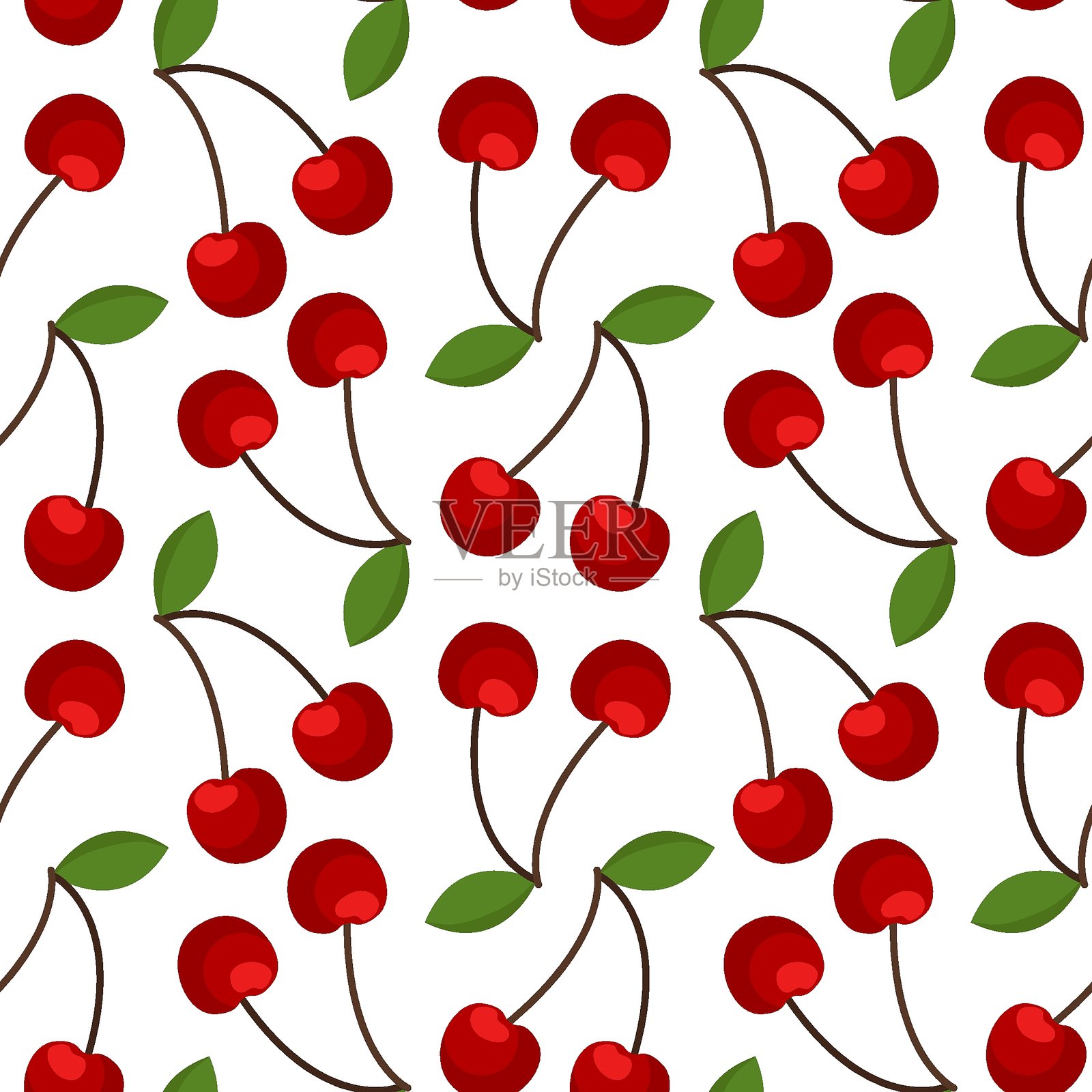 无缝樱桃图案,带有绿色叶子和茎,背景为白色,卡通风格。非常适合用于面料、纺织品、包装纸、厨房装饰和新鲜水果主题的夏季设计。插画图片素材
