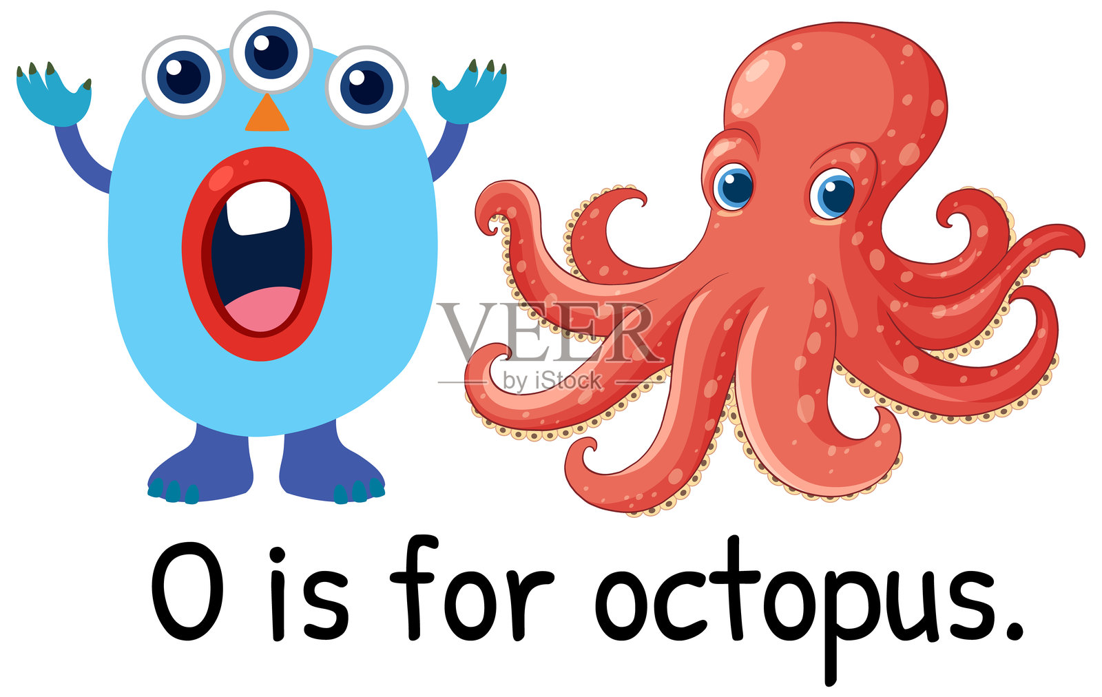 色彩丰富的矢量插图,展示了一只章鱼和一个怪物,旨在用于教育目的,风格活泼,色彩鲜艳。插画图片素材