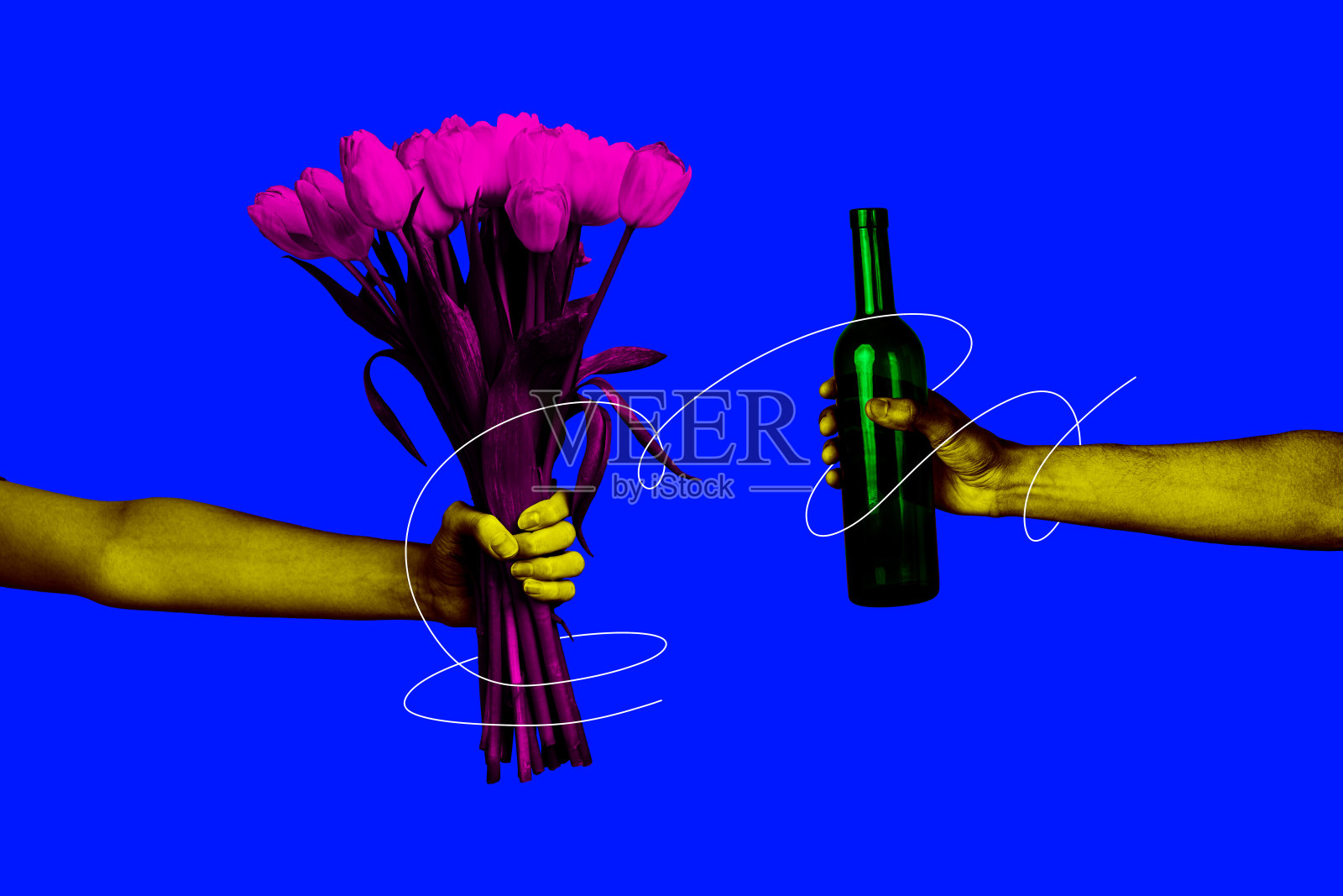 黑白色手臂持花和酒瓶的拼贴画,背景创意独特。照片摄影图片