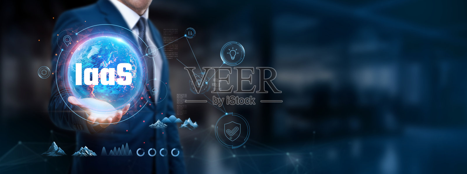 IaaS:商人手握全球网络结构,云基础设施、可扩展资源、成本效益、虚拟化计算。照片摄影图片