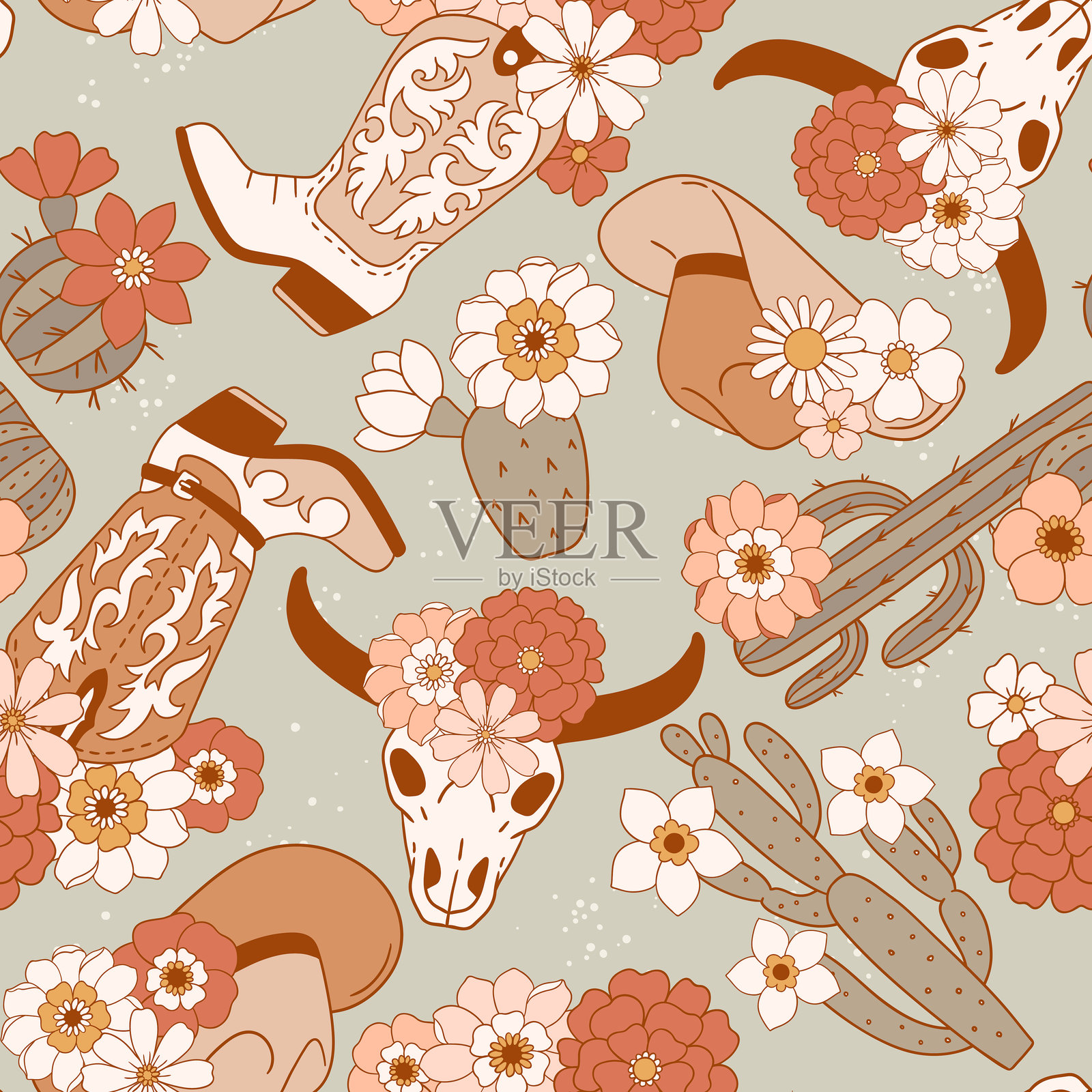 无缝矢量图案,包含西部牛仔靴、帽子和盛开的仙人掌。手绘的时尚牛仔背景。EPS 10矢量文件。非常适合纺织品、壁纸或婴儿房印刷设计。插画图片素材