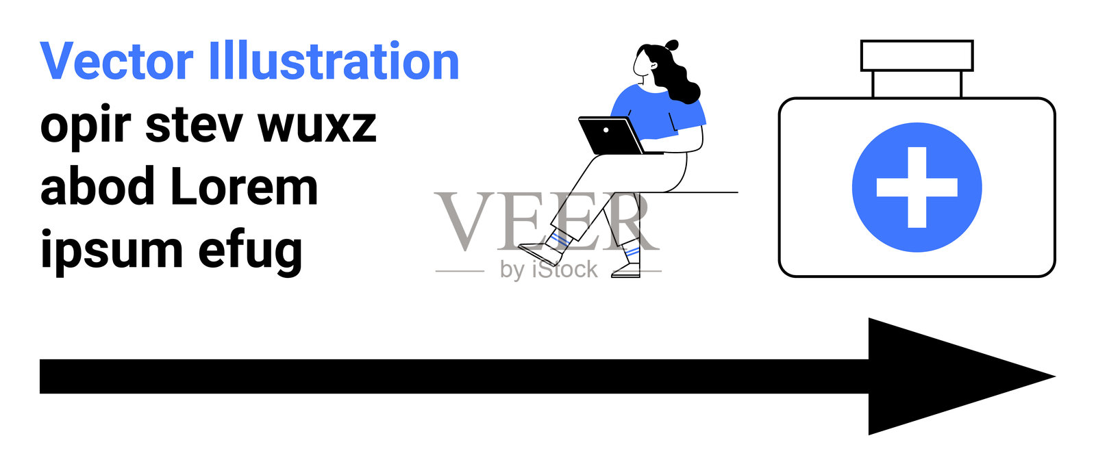 医疗可及性插图,展示一位女性在笔记本电脑上,旁边有医疗图标和方向箭头插画图片素材