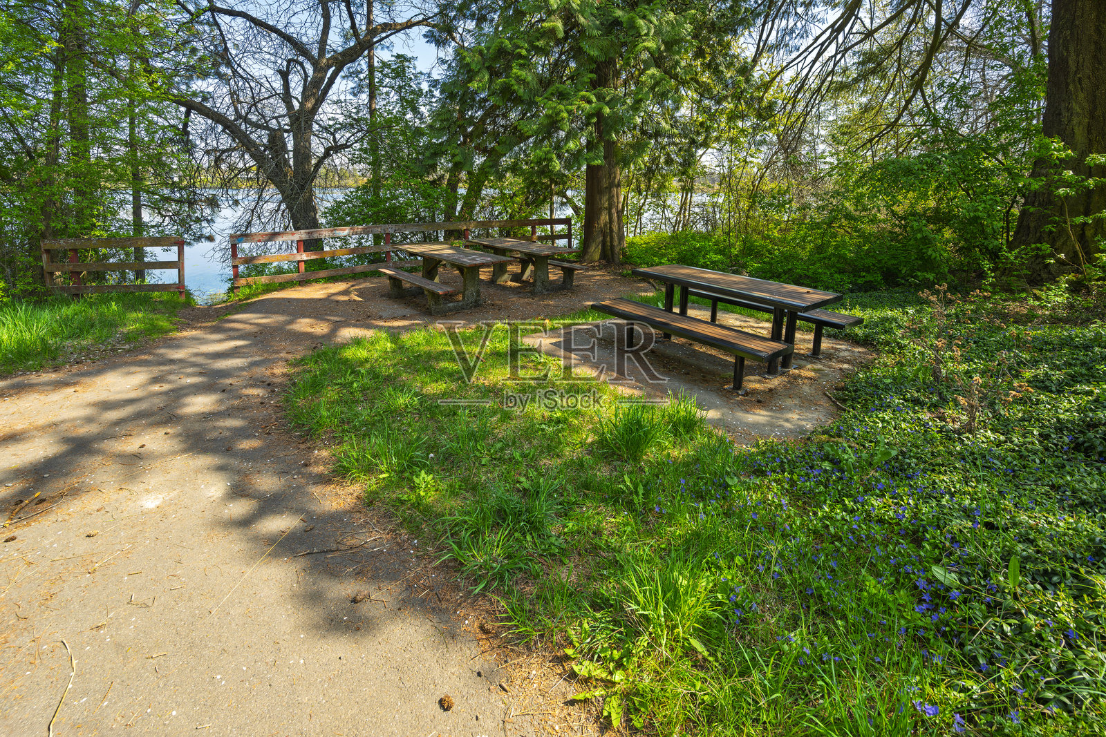 华盛顿州斯波坎县医疗湖小镇的医疗湖滨水公园,湖边有野餐桌和一条通往湖泊的小山坡小径。照片摄影图片