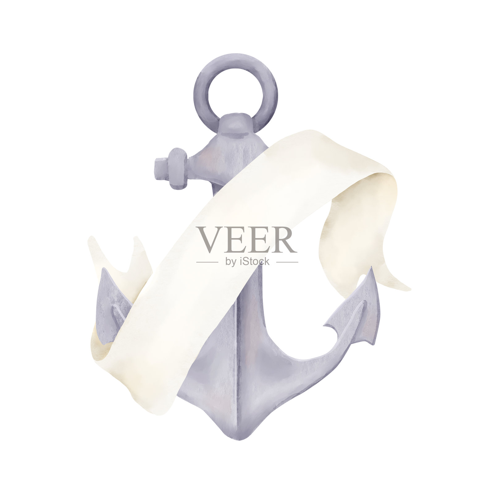 船锚和米色丝带,空白手稿供文本使用。水彩插图。锚周围的卷轴在白色背景上独立。卷起的旧纸张。适用于海洋设计。插画图片素材