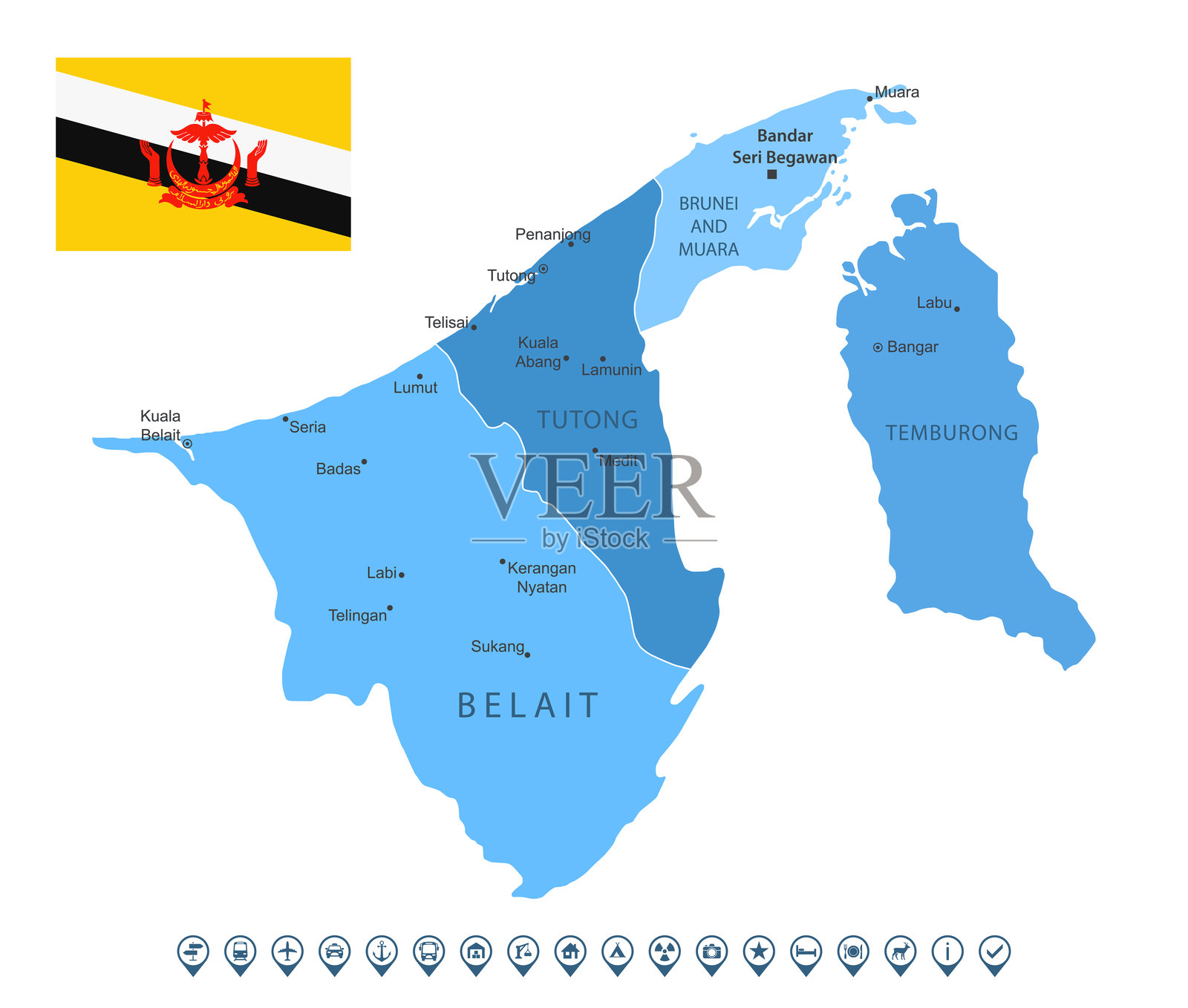 文莱 - 详细地图,包含地区、城市、国旗和信息图标。插画图片素材