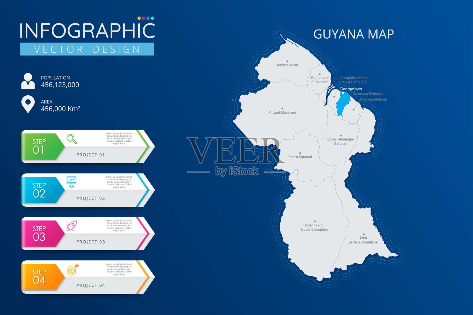 圭亚那地图,带有位置指示标记。高详细度的国家地图,包含行政区划、城市和首都的信息图表矢量模板。插画图片素材