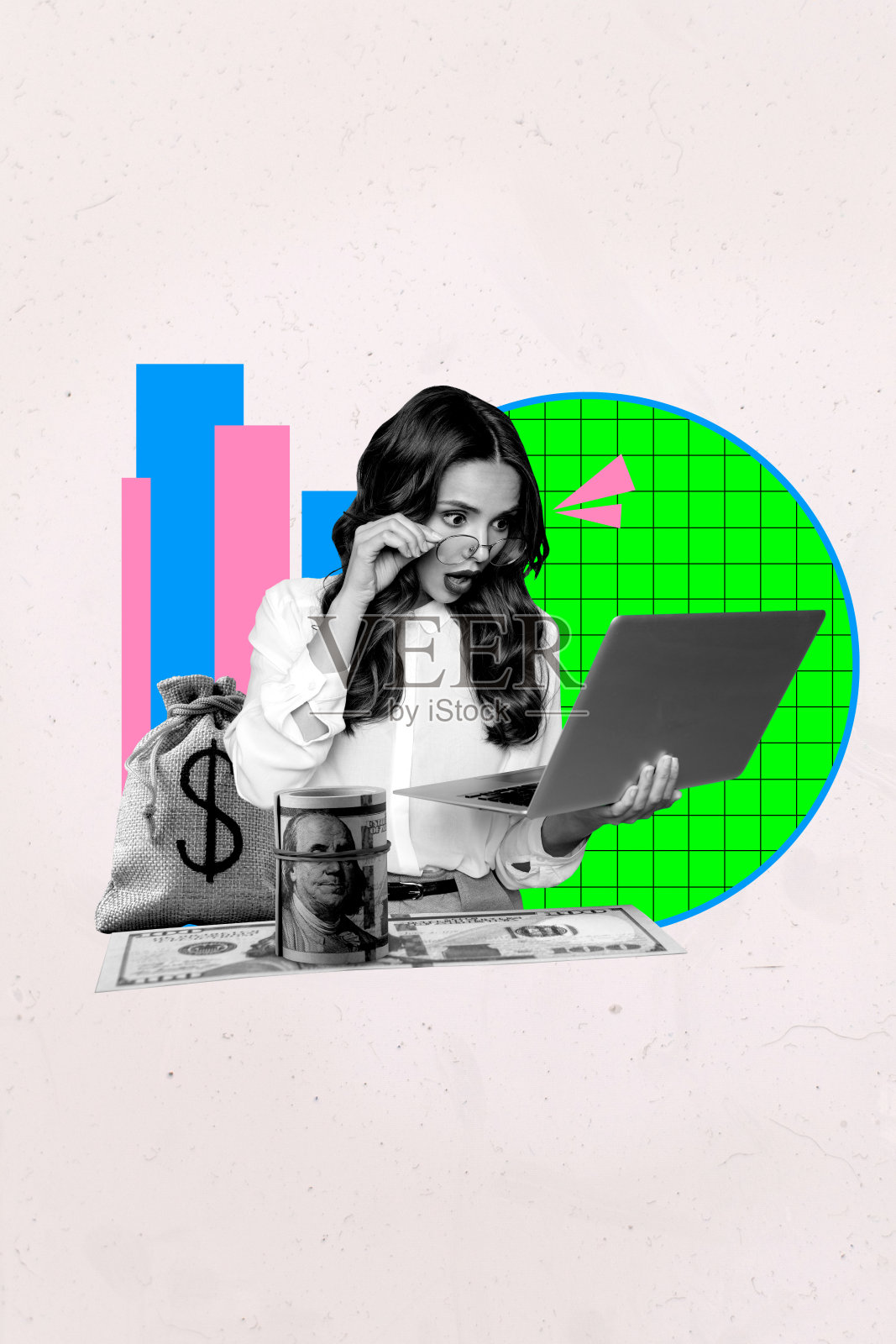 独特的艺术作品,创意拼贴画,震惊的女商人手持笔记本电脑,展示美元资本图表,自由职业者的利润和收入。照片摄影图片