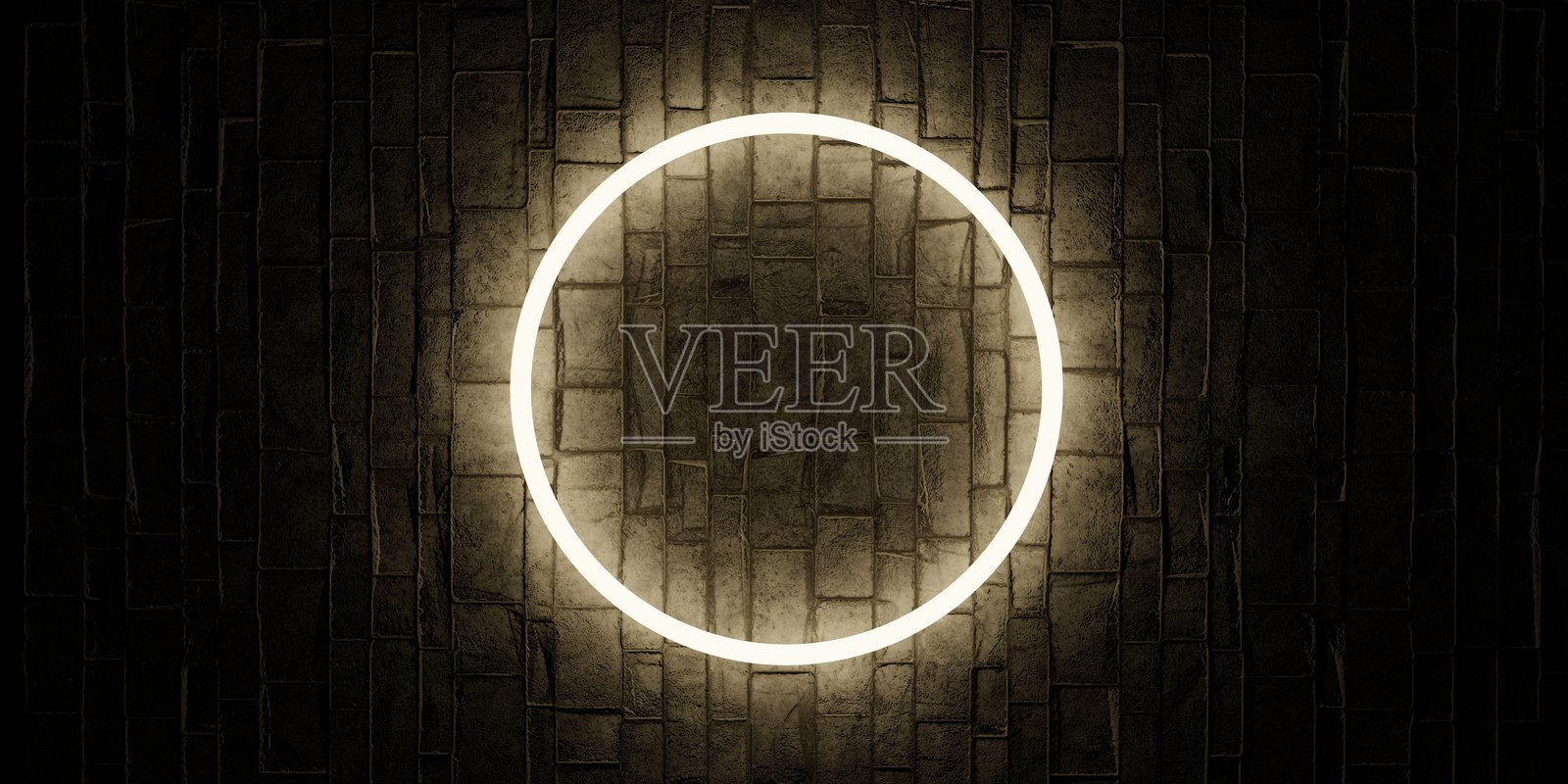 霓虹圆圈,砖墙背景,3D插图照片摄影图片