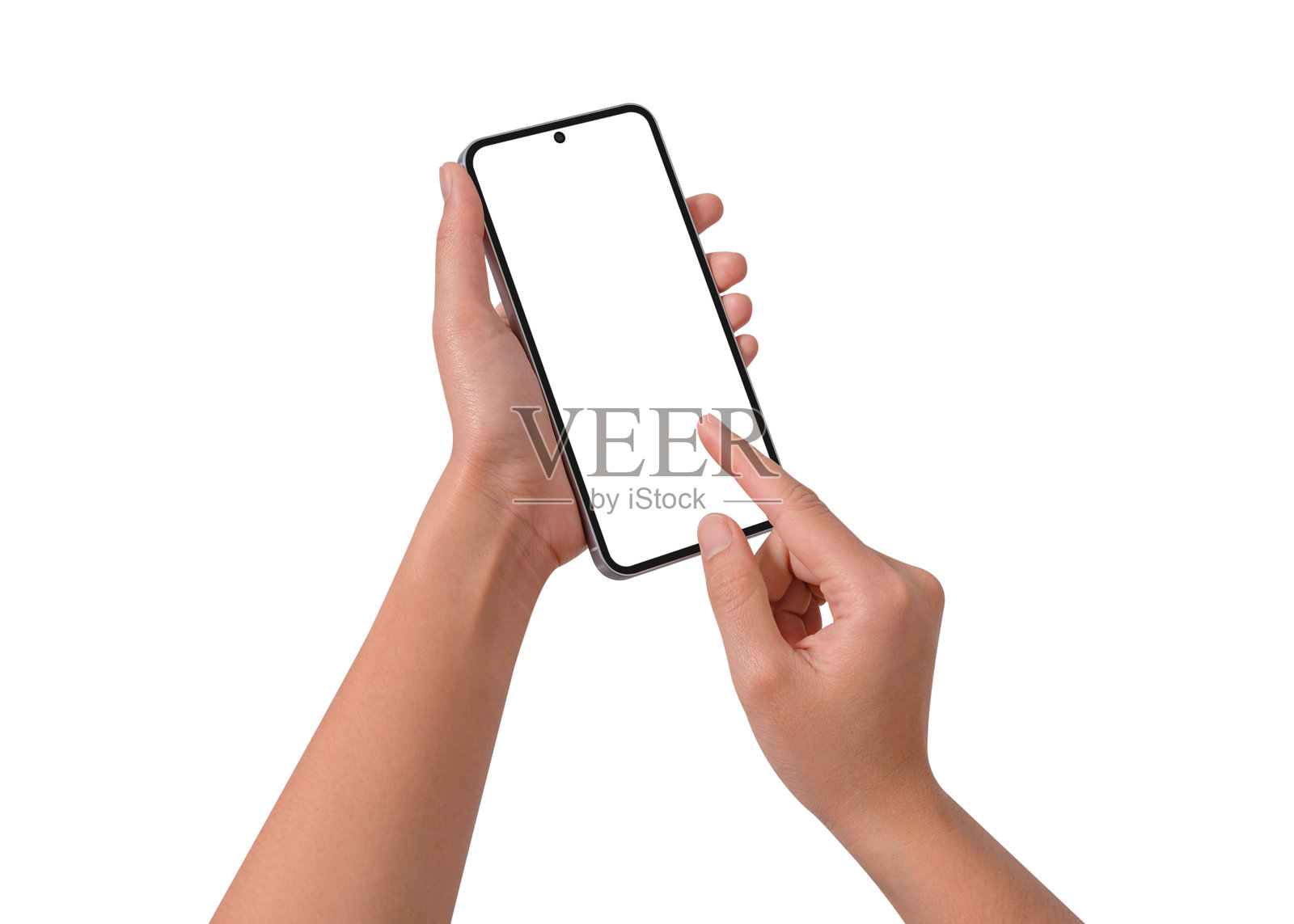 手持智能手机,屏幕空白,背景为白色。照片摄影图片