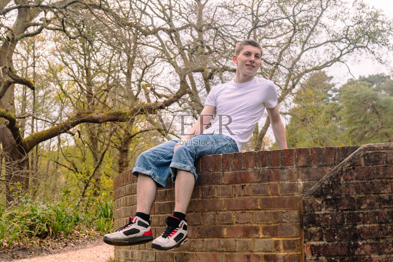 坐在砖墙上的少年照片摄影图片