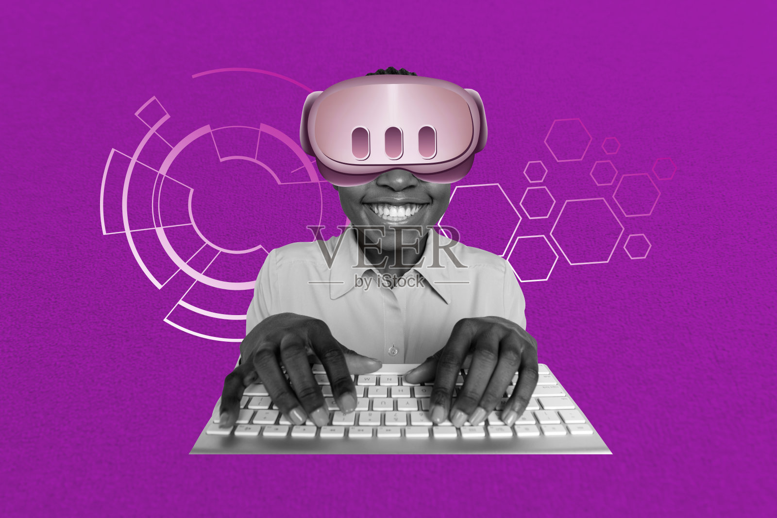 独特的艺术横幅,创意拼贴快乐女孩佩戴虚拟现实眼镜,游戏玩家在笔记本电脑键盘上玩耍,未来主义爱好,网络空间。照片摄影图片