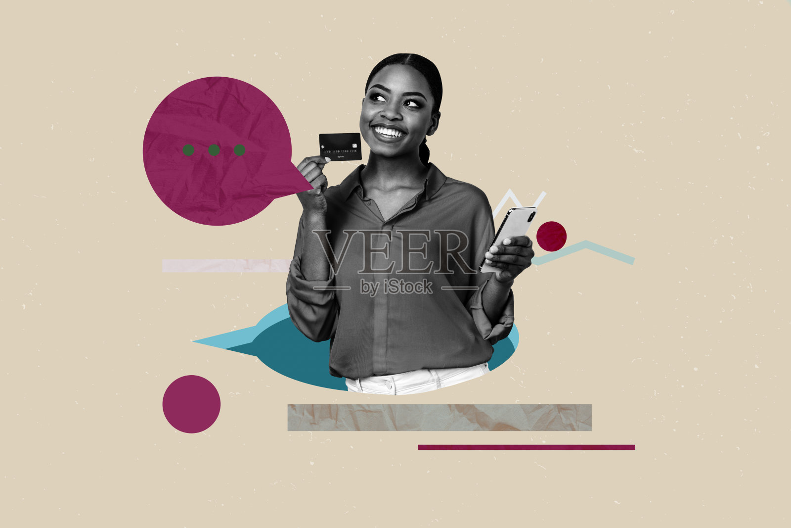 创意全画作拼贴,快乐女孩站在气泡沟通图标旁,聊天框对话语句,手持信用卡照片摄影图片