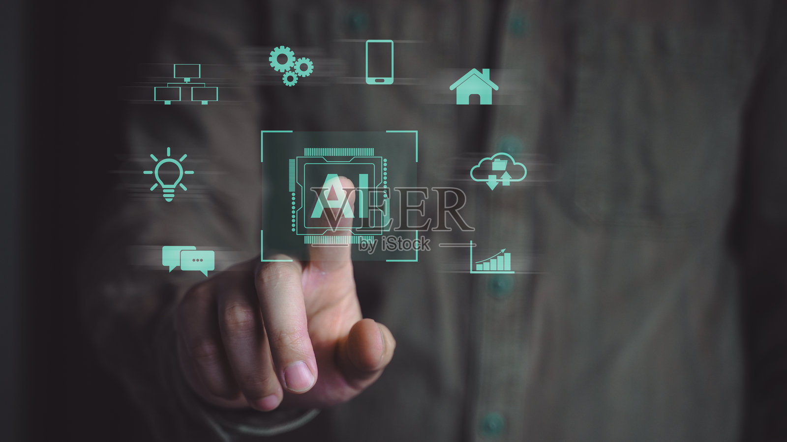 商人触摸虚拟人工智能界面,周围有科技图标。照片摄影图片