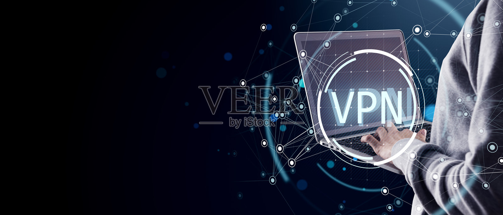 抽象数字概念,展示用户在笔记本电脑上与VPN安全互动,网络图标和轻科技背景设计,适用于商业用途。照片摄影图片