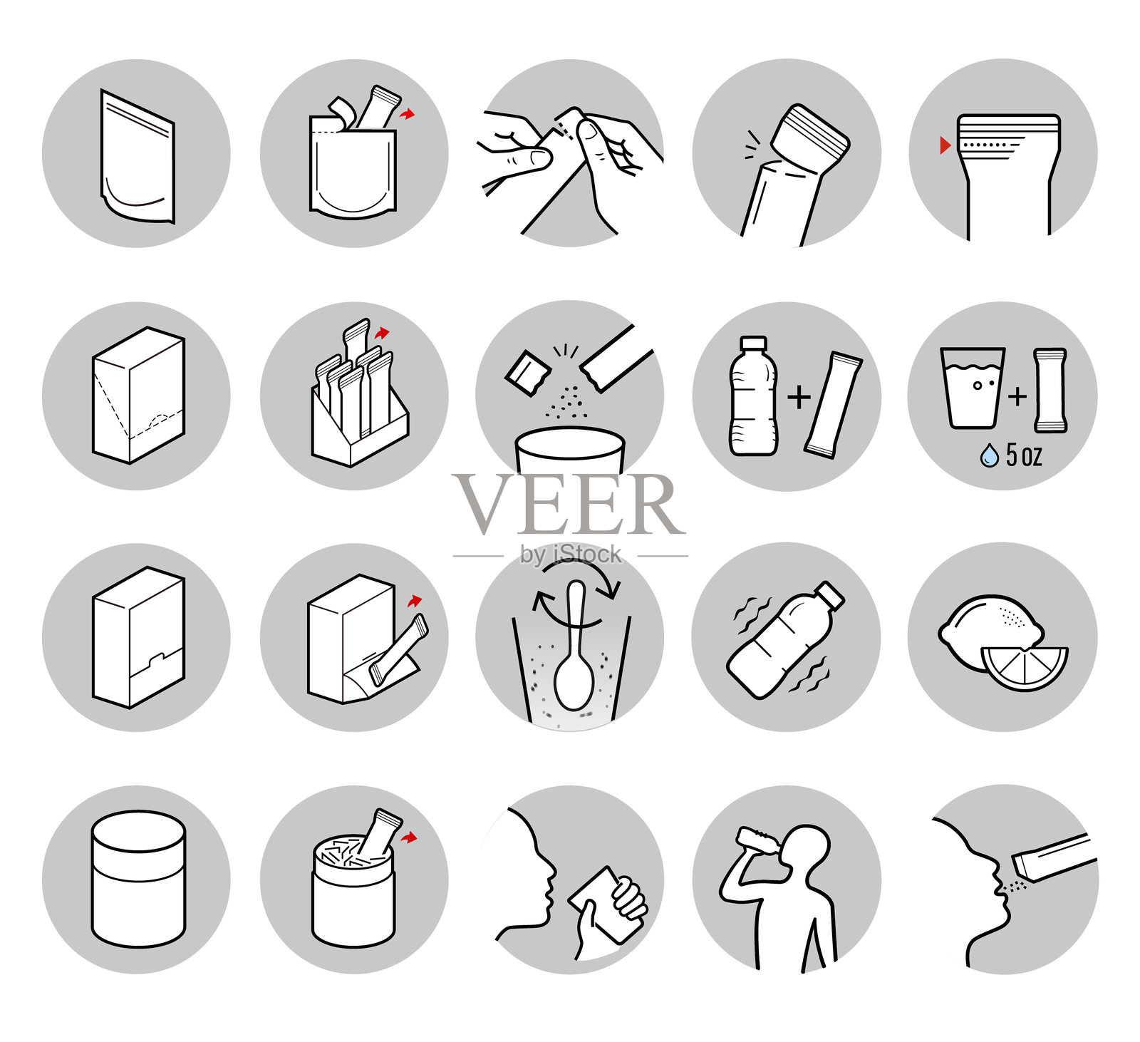 这组用于棒状包装的图标包括准备、混合和消费的步骤。插画图片素材