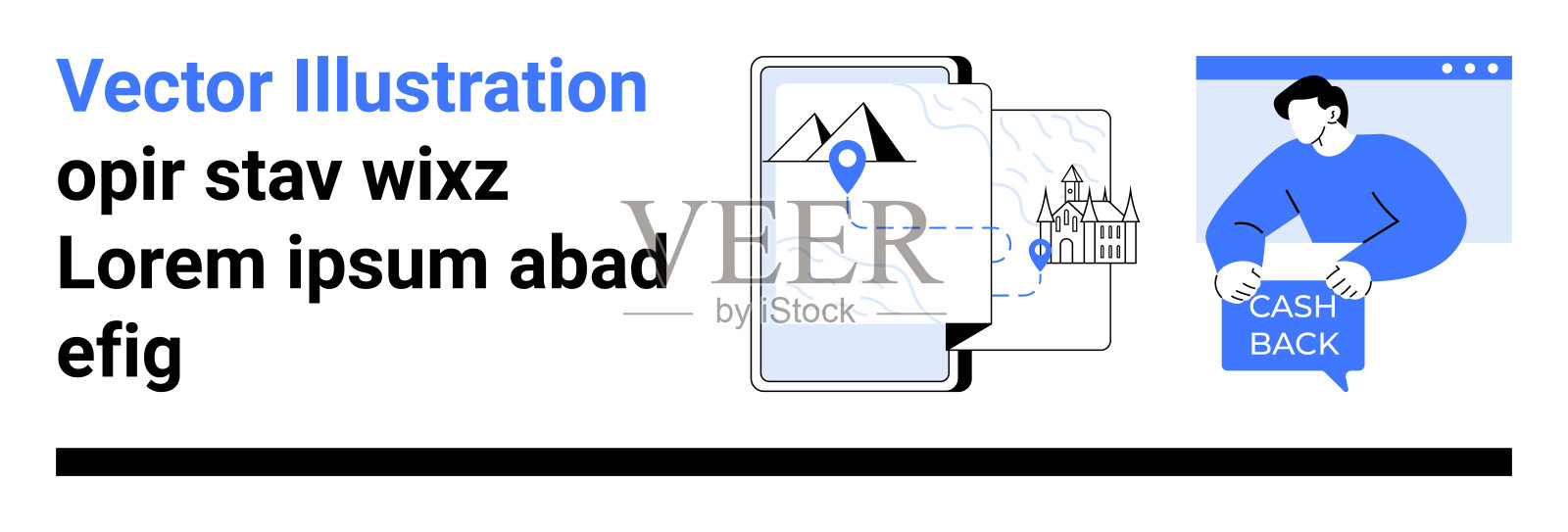 现代导航界面,带有地标地图和蓝色调的现金返还功能插画图片素材