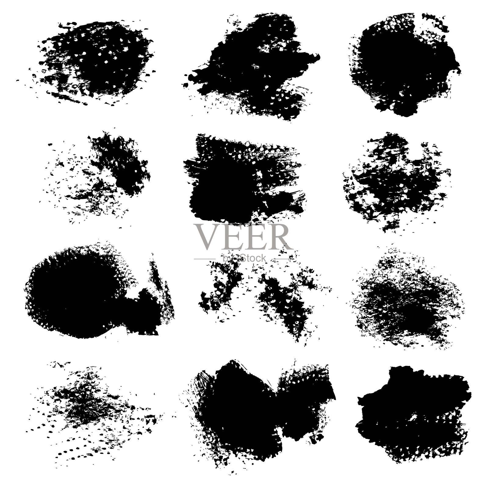 十二个抽象纹理笔触和印刷,厚重的黑色水粉颜料,孤立在白色背景上插画图片素材