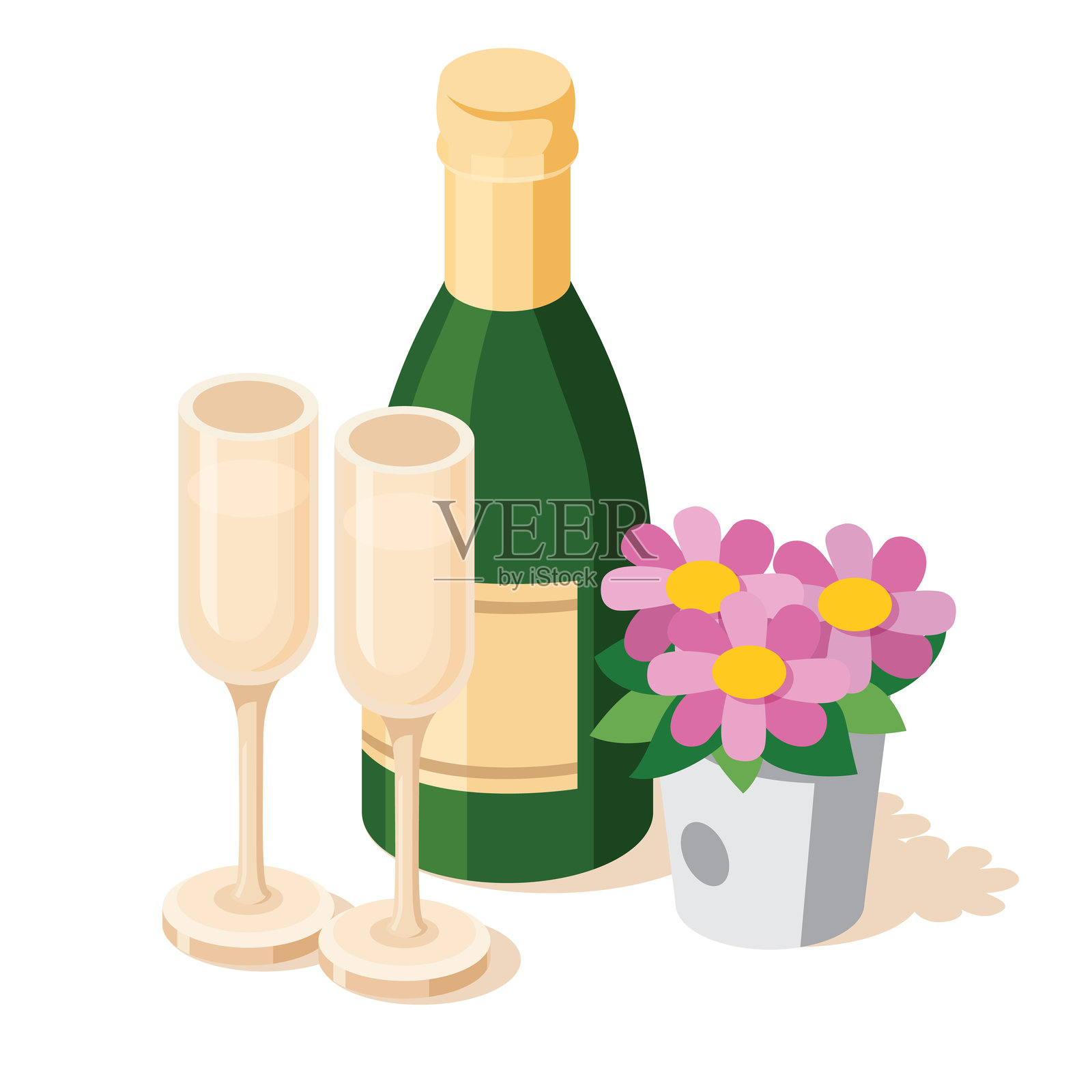 等距香槟瓶与两个酒杯和装有粉色花朵的桶。物体孤立在白色背景上。适合贺卡的元素。情人节。插画图片素材