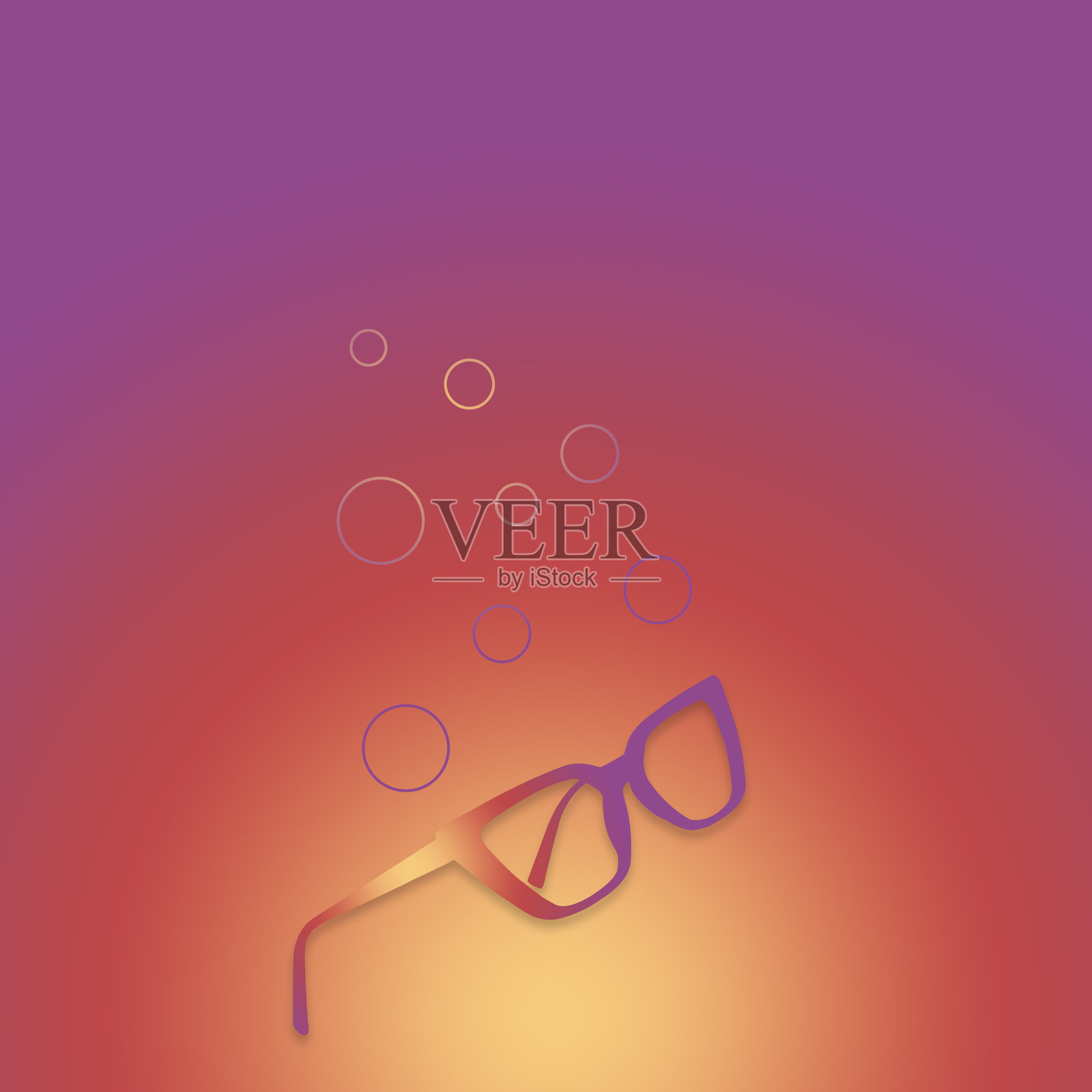 眼镜插图,背景为创意多彩渐变,周围环绕着圆形图案。插画图片素材