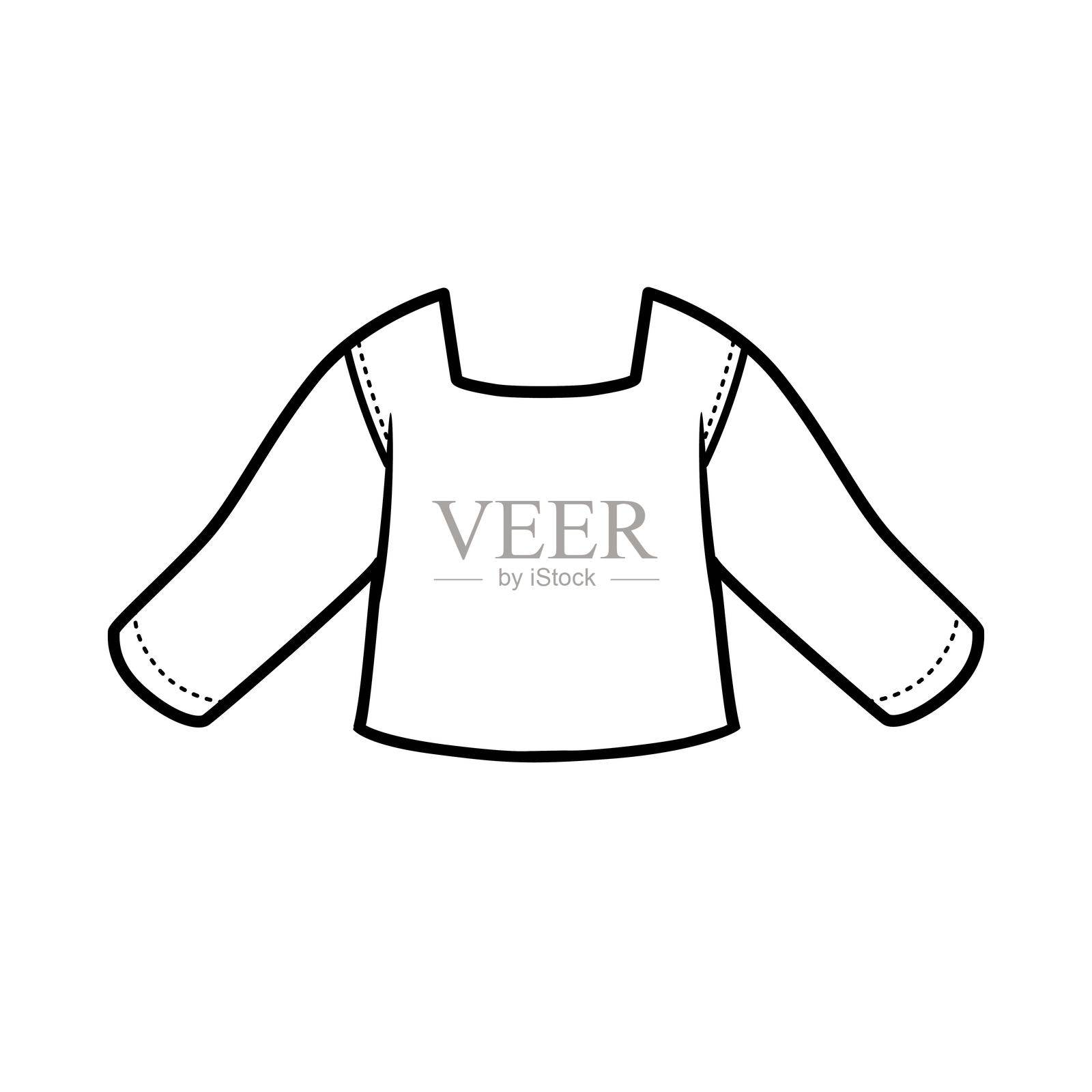带长袖的方领T恤,轮廓线条可供涂色,背景为白色插画图片素材