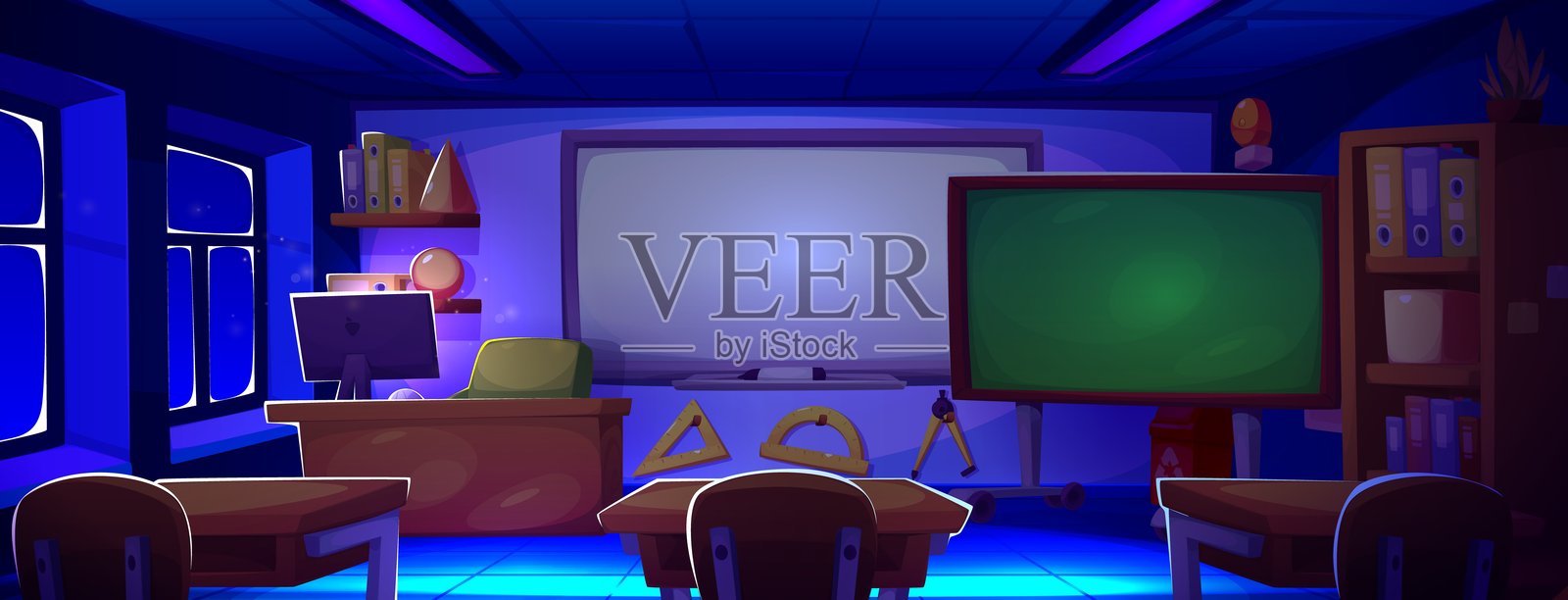 夜晚色彩斑斓的学校教室内部插画图片素材