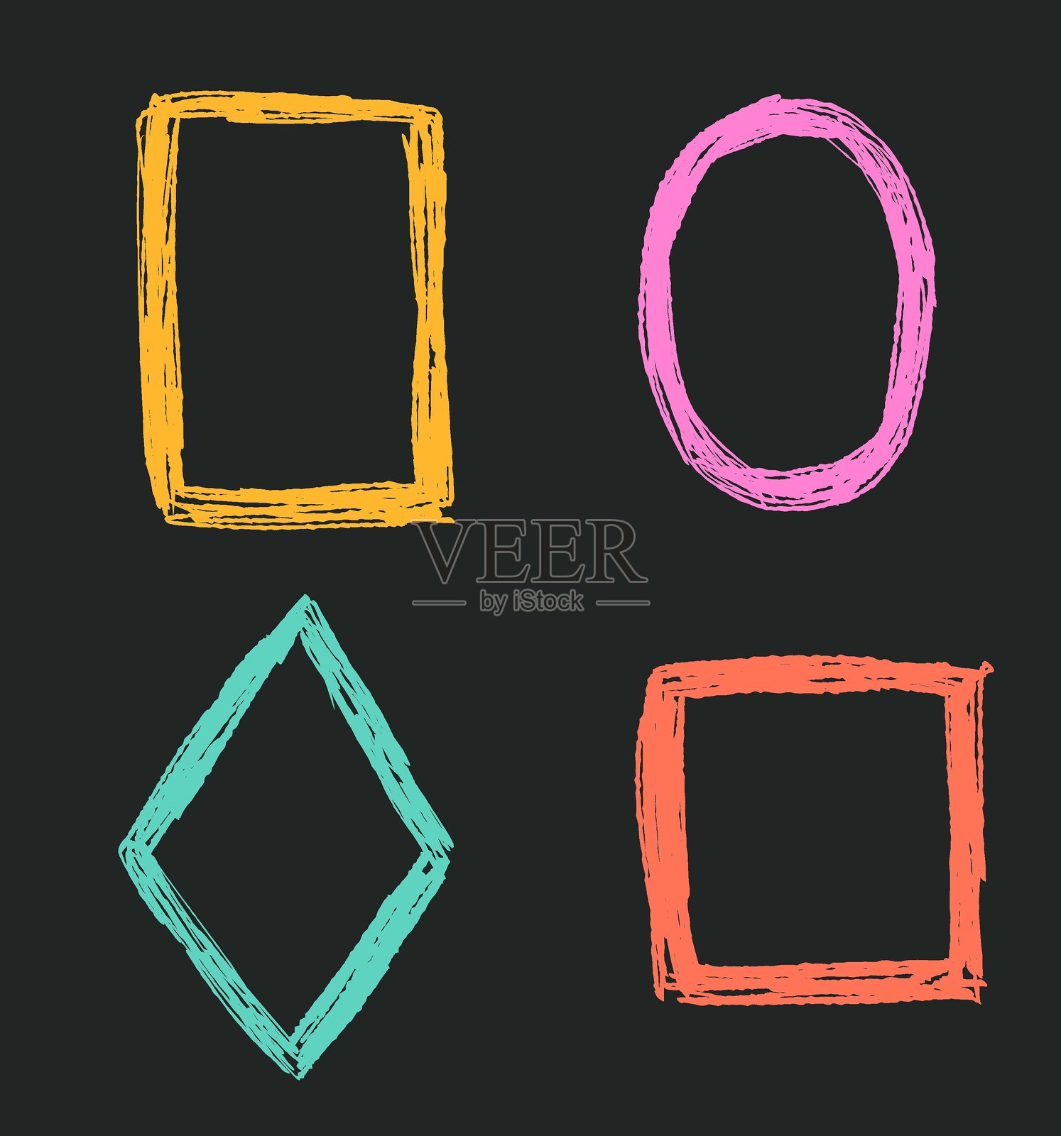 一组用蜡笔纹理画笔绘制的简单几何框架插画图片素材