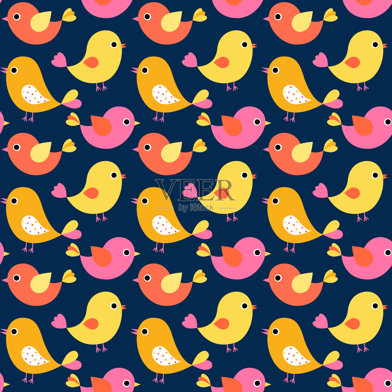 可爱的矢量图案,适用于儿童服装和婴儿邀请函的多彩卡通鸟插画图片素材