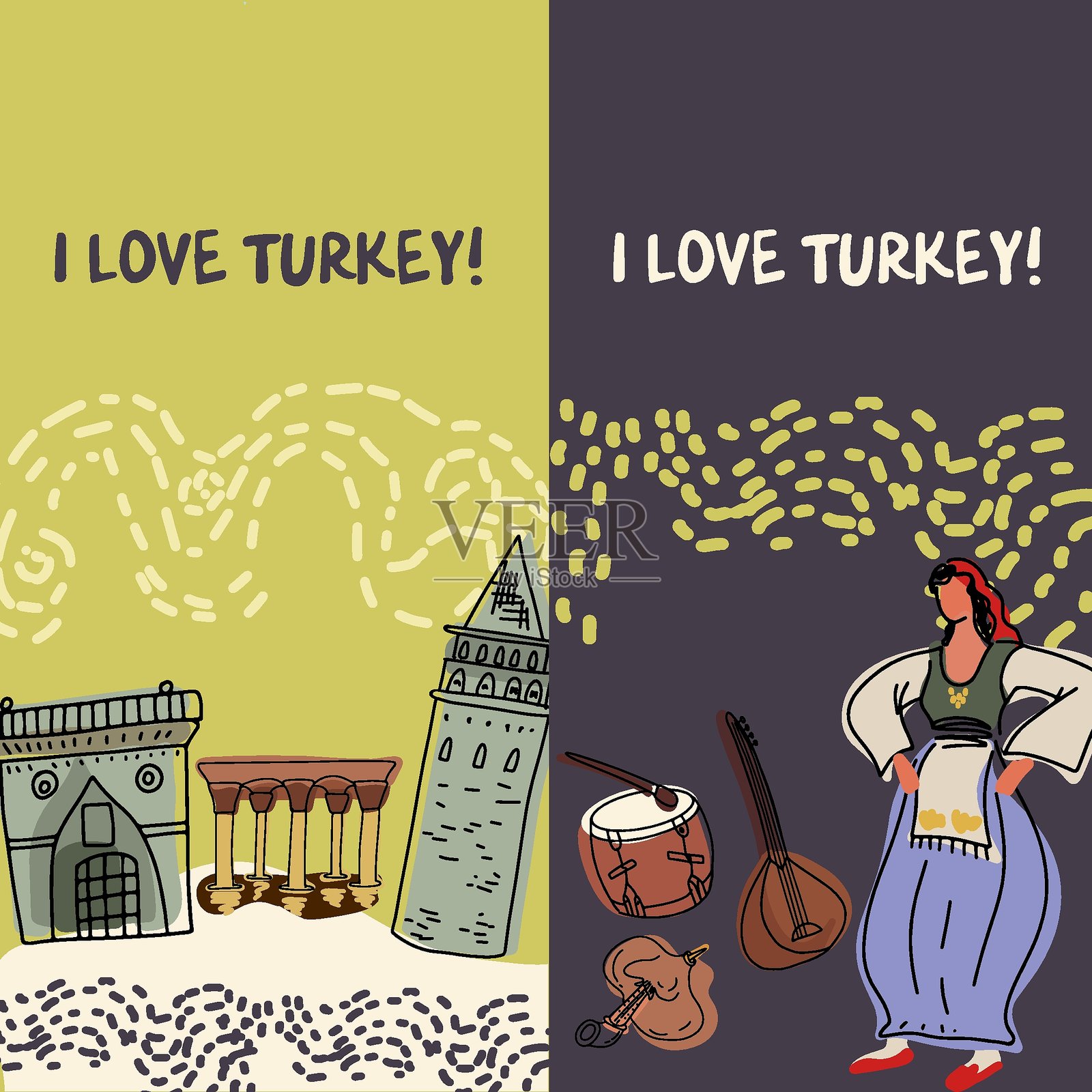 土耳其的景点,伊斯坦布尔,民族服饰,乐器,垂直背景。手绘矢量插图。插画图片素材