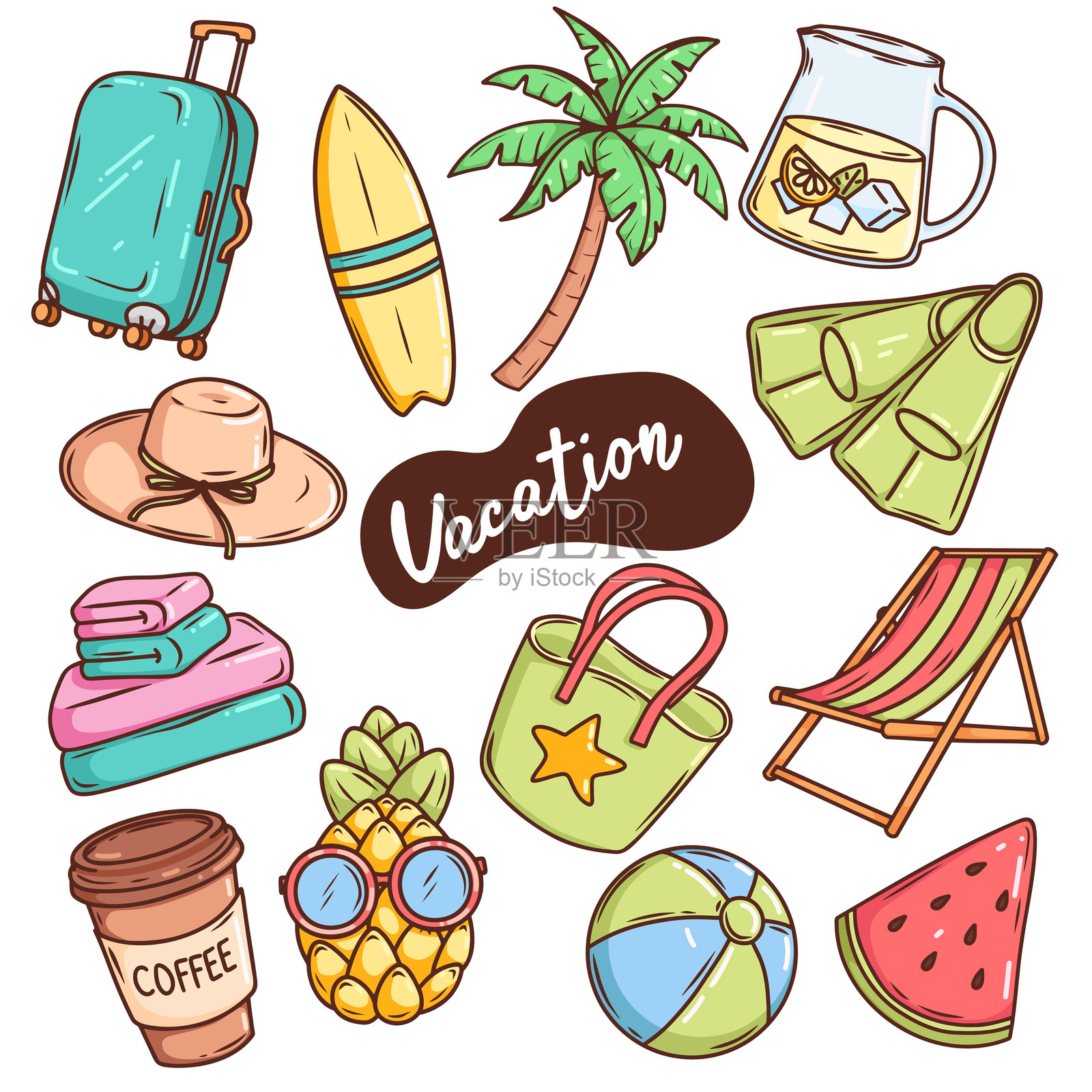 夏季假期旅行插图集,彩色贴纸,图标。矢量菠萝、冰淇淋、棕榈树、行李箱、日光浴椅、脚蹼、冲浪板插画图片素材