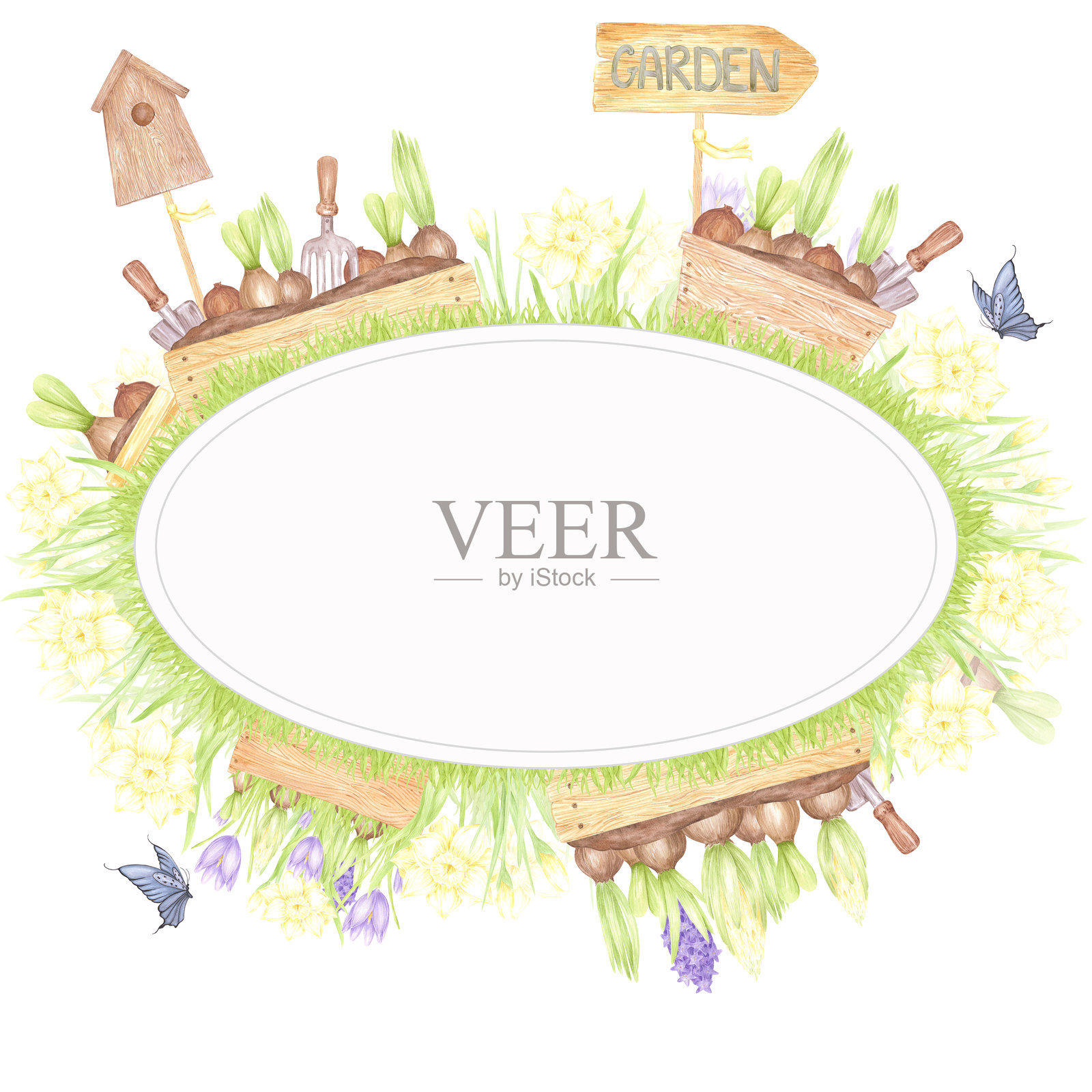 手绘水彩花园边框,带有盛开的花朵和蝴蝶,背景为白色。可用于明信片、标签、剪贴簿及其他印刷产品。插画图片素材