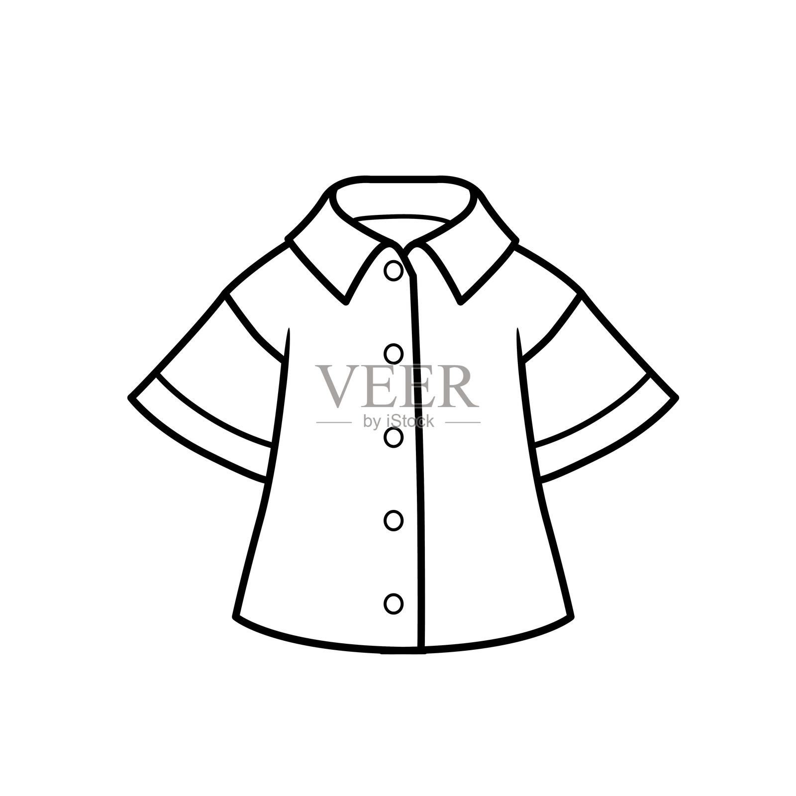 女孩短袖休闲衬衫的轮廓图,适合涂色,背景为白色插画图片素材