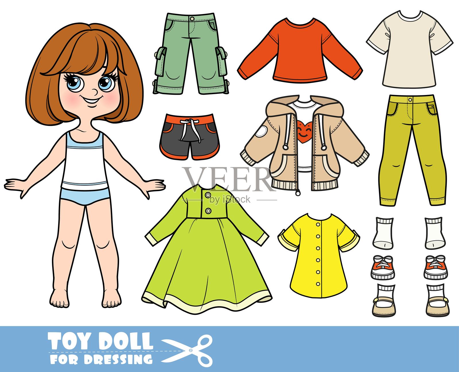 卡通棕发女孩,短发波波头,穿着分开的衣物 - 长袖衫、短裤、带口袋的裤子、休闲裙、牛仔裤和靴子插画图片素材