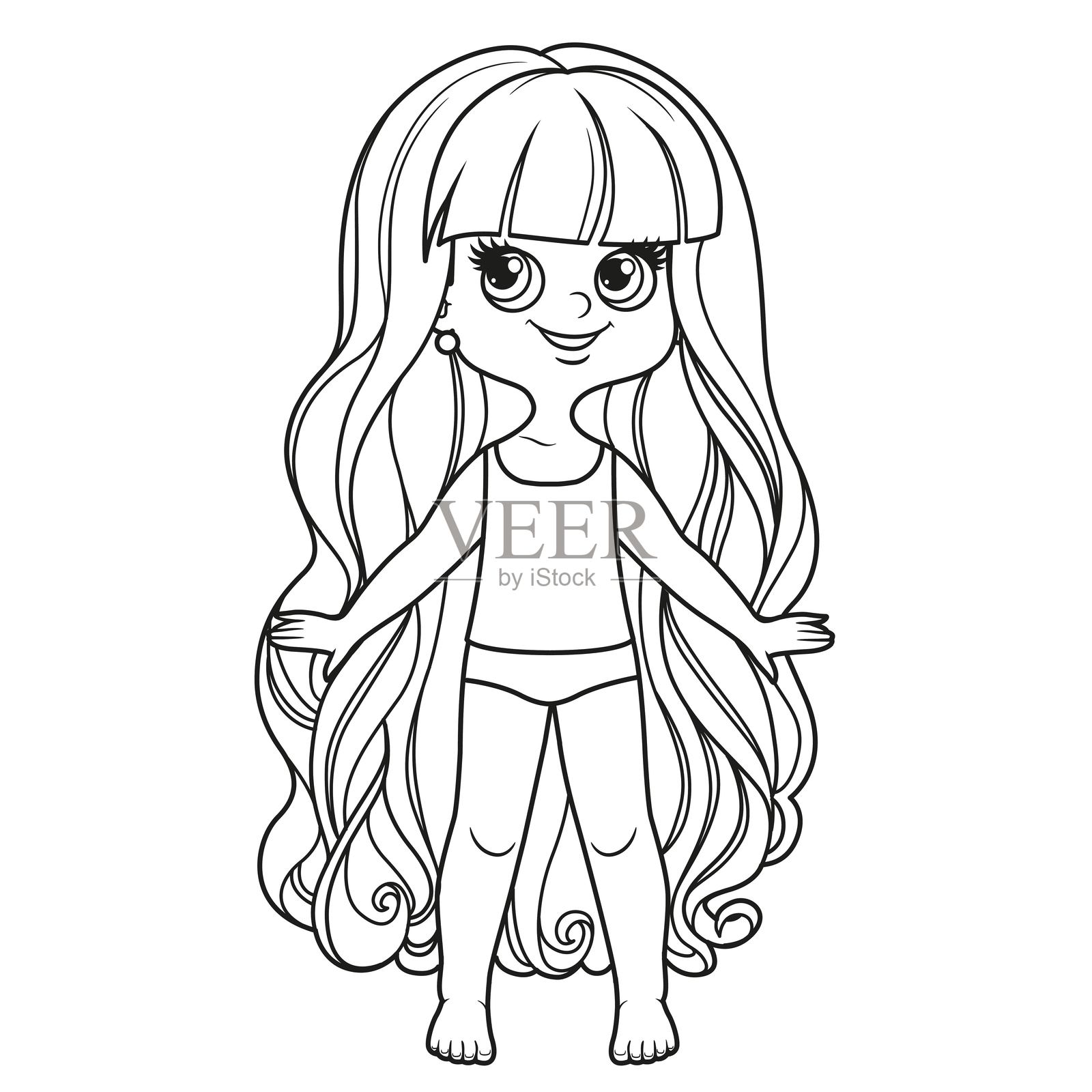 可爱的卡通女孩,长发披肩,穿着内衣,轮廓适合在白色背景上涂色。插画图片素材