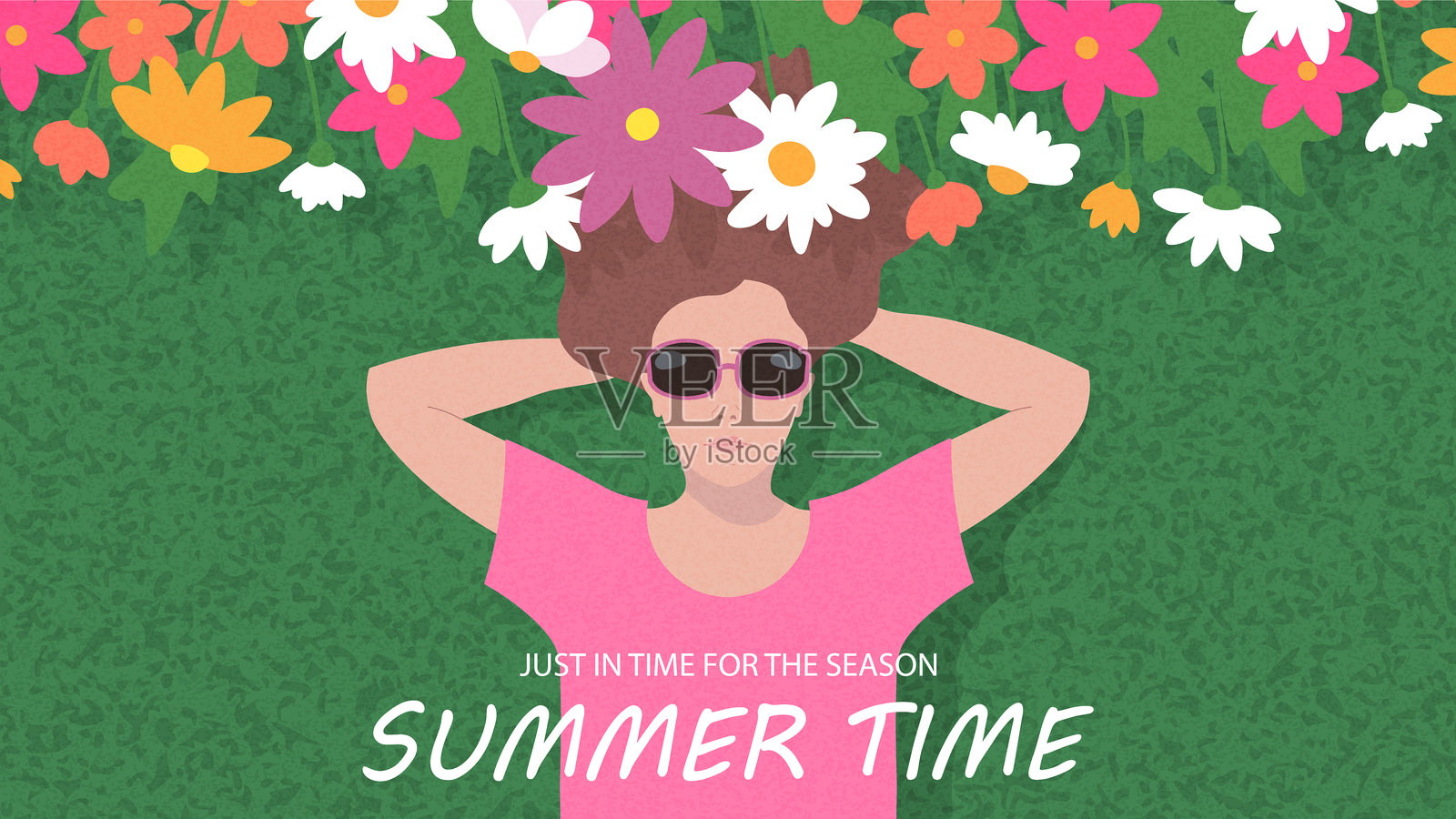 夏季时光。夏季横幅海报,时尚手绘插图,描绘了一位戴着太阳镜的女孩在花丛中的草地上享受夏天。夏季周末和假日概念,野餐。插画图片素材