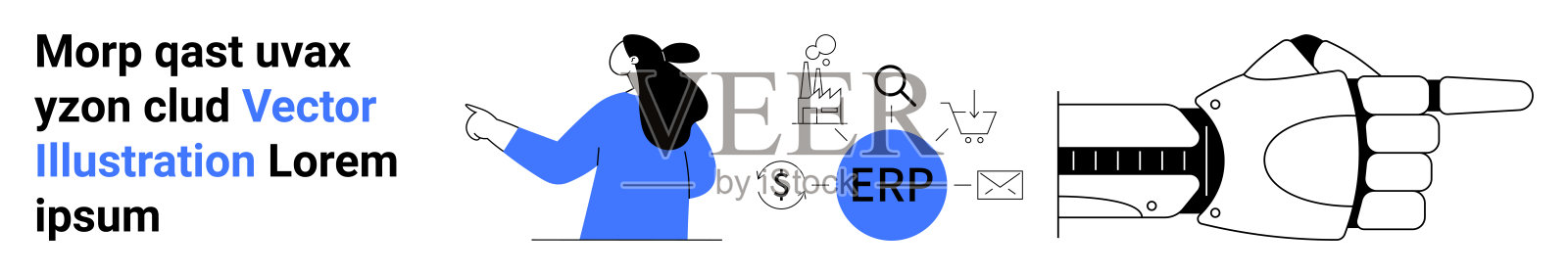 指向分析数据的人和机械手指示技术横幅中的ERP概念插画图片素材