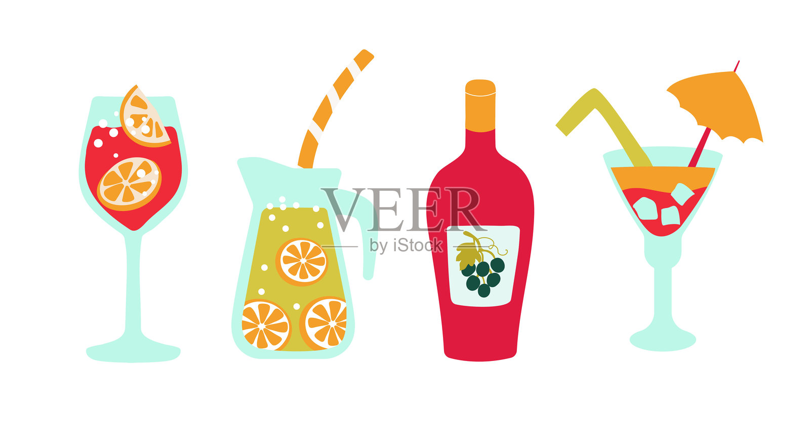 清爽饮品组合。自制柠檬水、葡萄酒和水果鸡尾酒。插画图片素材