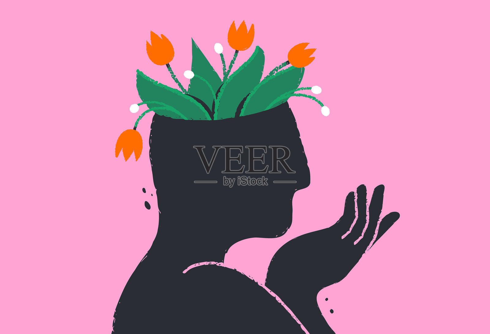 心理健康,积极思维,心理学。头部盛开着花朵。自我关怀,健康,治疗概念。内心平静,积极心态,自我成长。插画图片素材