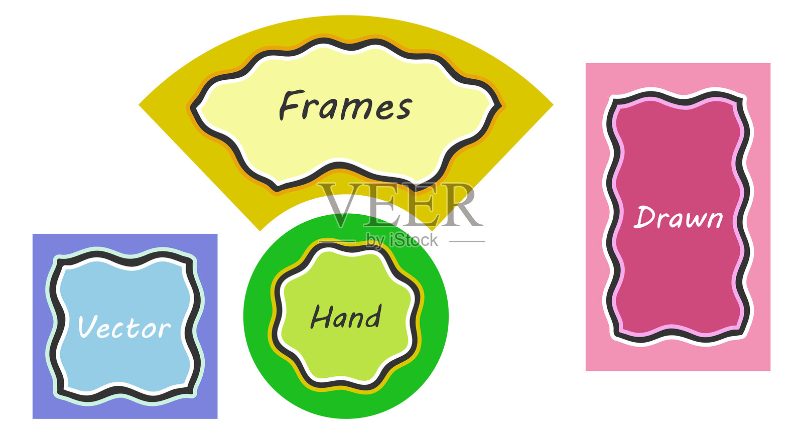 边框,涂鸦波浪边缘套装。手绘画笔波浪线条,彩色背景。圆形花环、拱形、正方形、矩形几何形状。空白文本空间。矢量插图插画图片素材