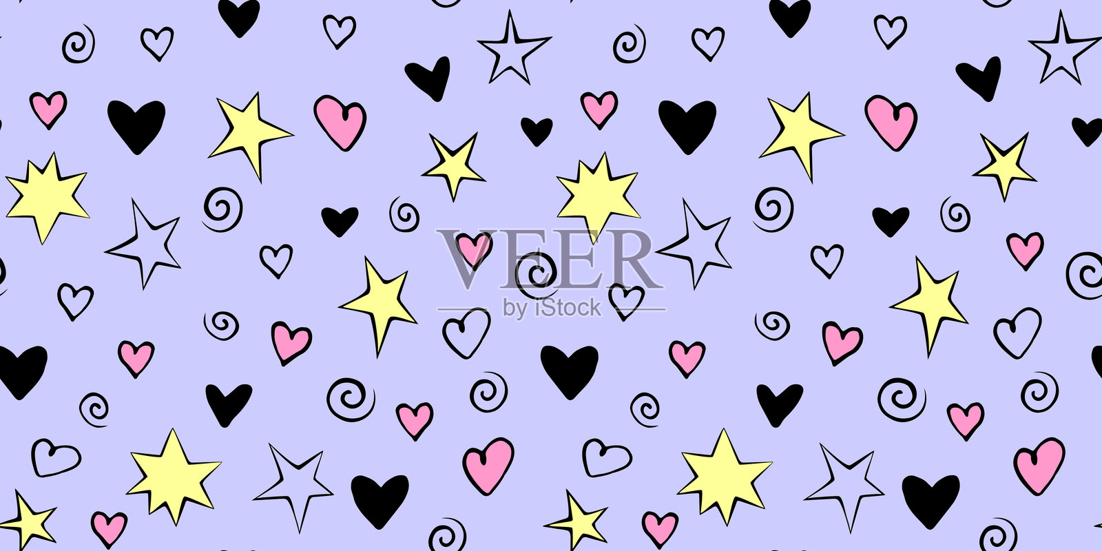 简单明亮元素的矢量无缝图案 - 星星、心形、螺旋、螺旋线。可爱的背景,适用于贺卡、包装纸。节日背景,情人节、生日、烟火。插画图片素材