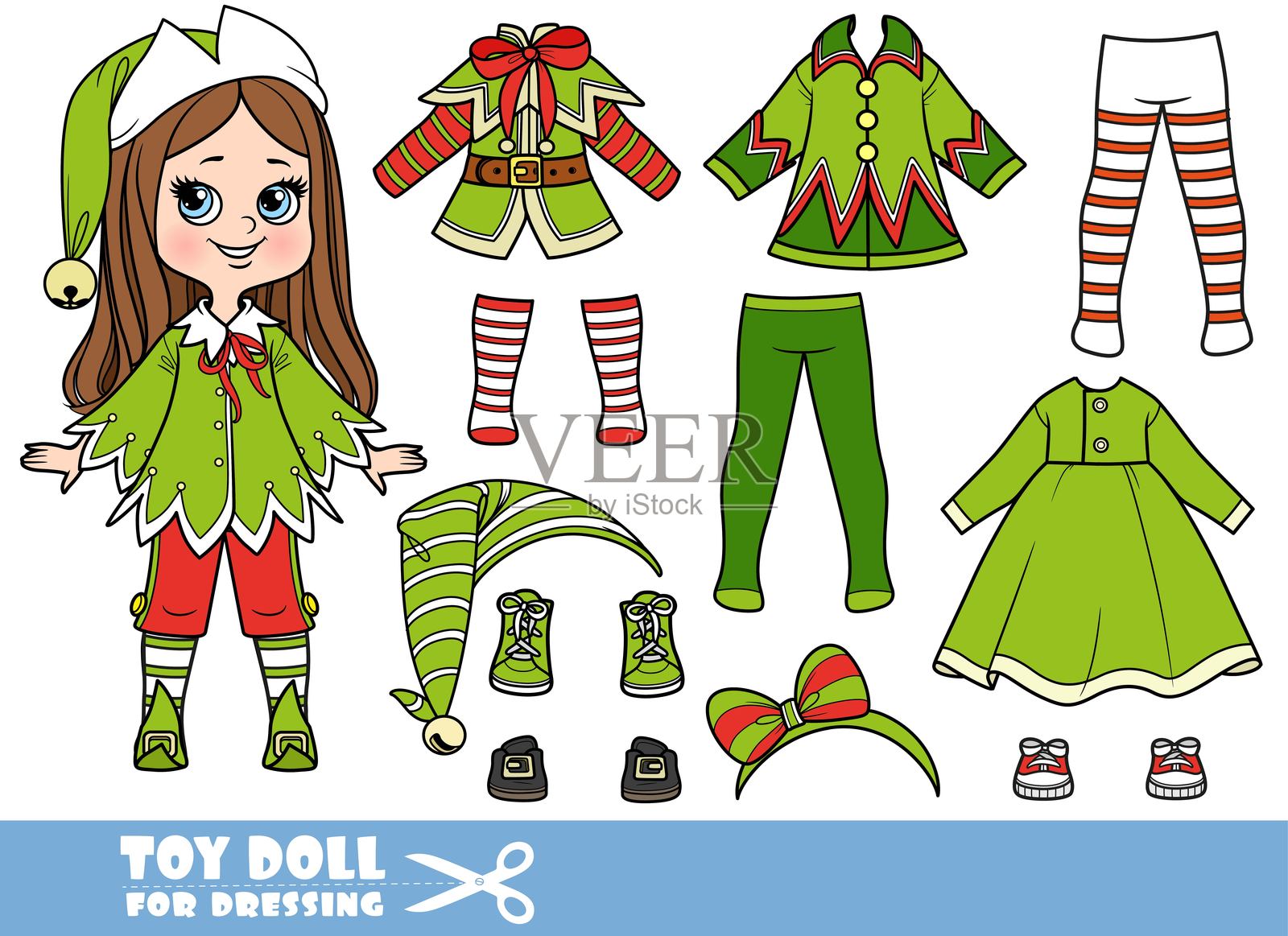 穿着靴子、紧身裤、开衫和帽子的直发卡通女孩,身着新年精灵服装设计师的服装插画图片素材