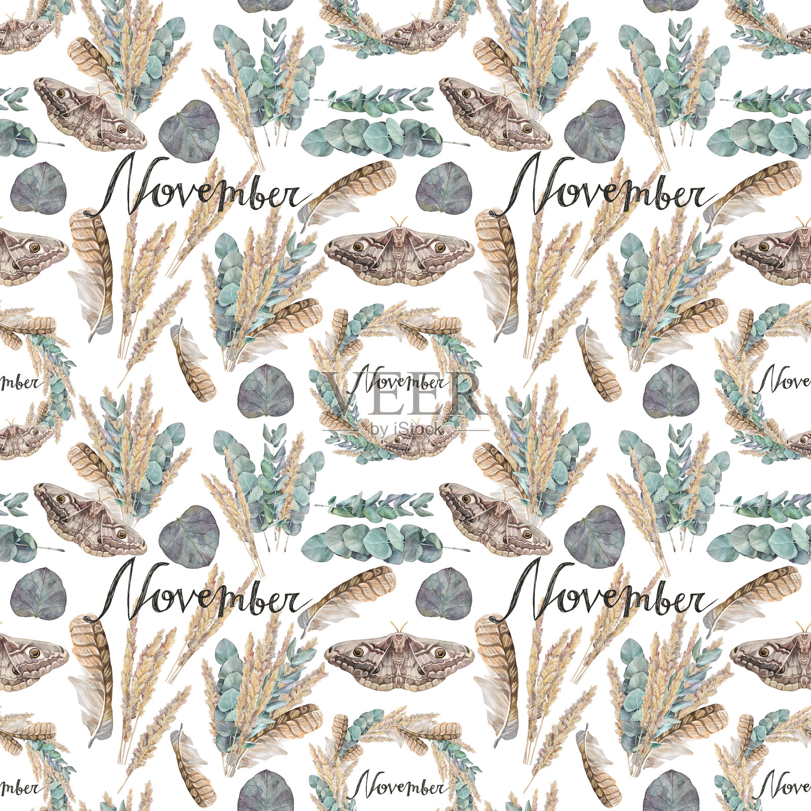水彩无缝图案,带有圆形框架和“十一月”字样。白色背景上的尤加利树枝、禾草、鸟羽和蛾子的花环。适合秋季日历的波西米亚植物。插画图片素材