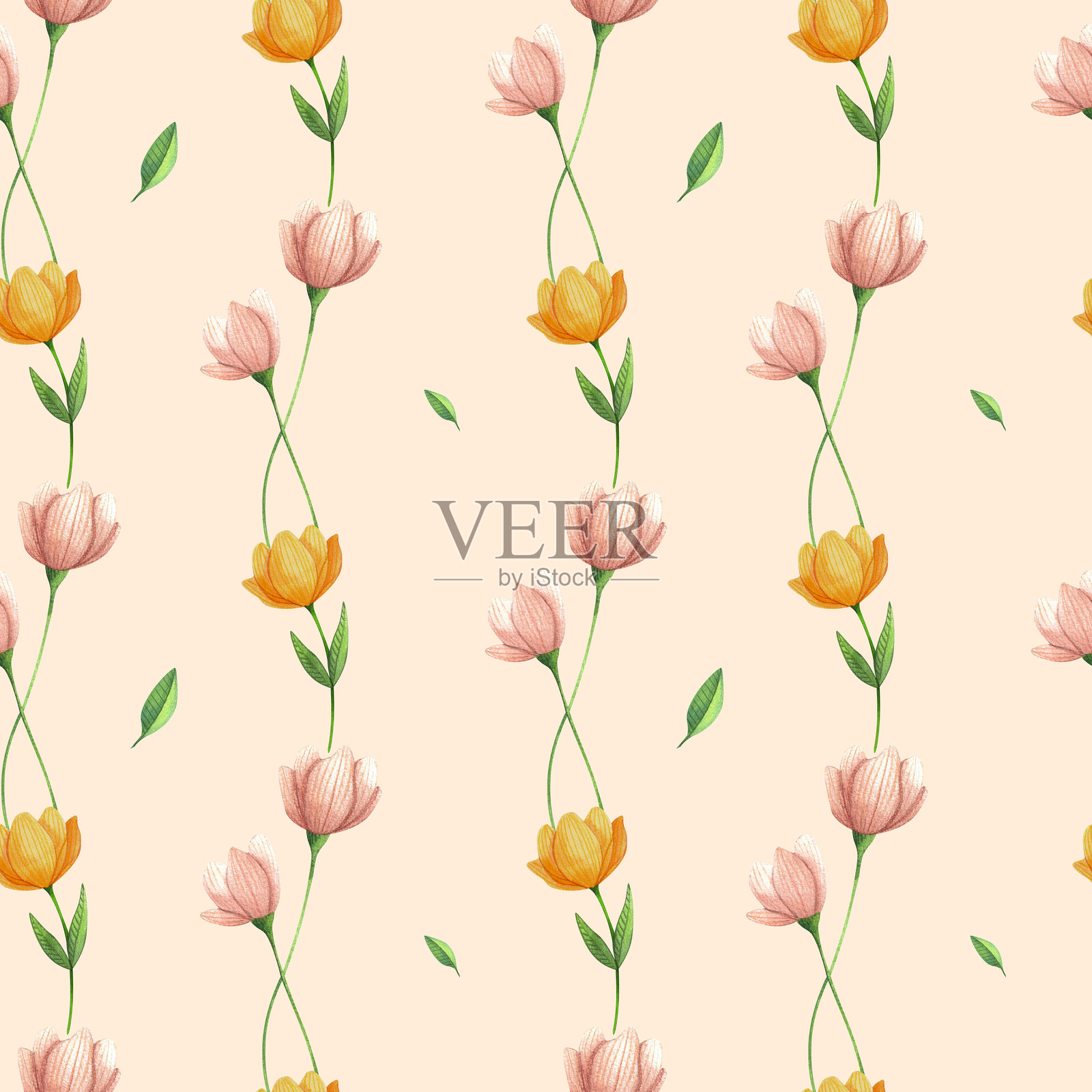 一组花卉、叶子,无缝图案,适用于婚礼请柬、贺卡、印刷设计的花卉水彩插图。春夏季节的多彩花卉和植物组合。插画图片素材