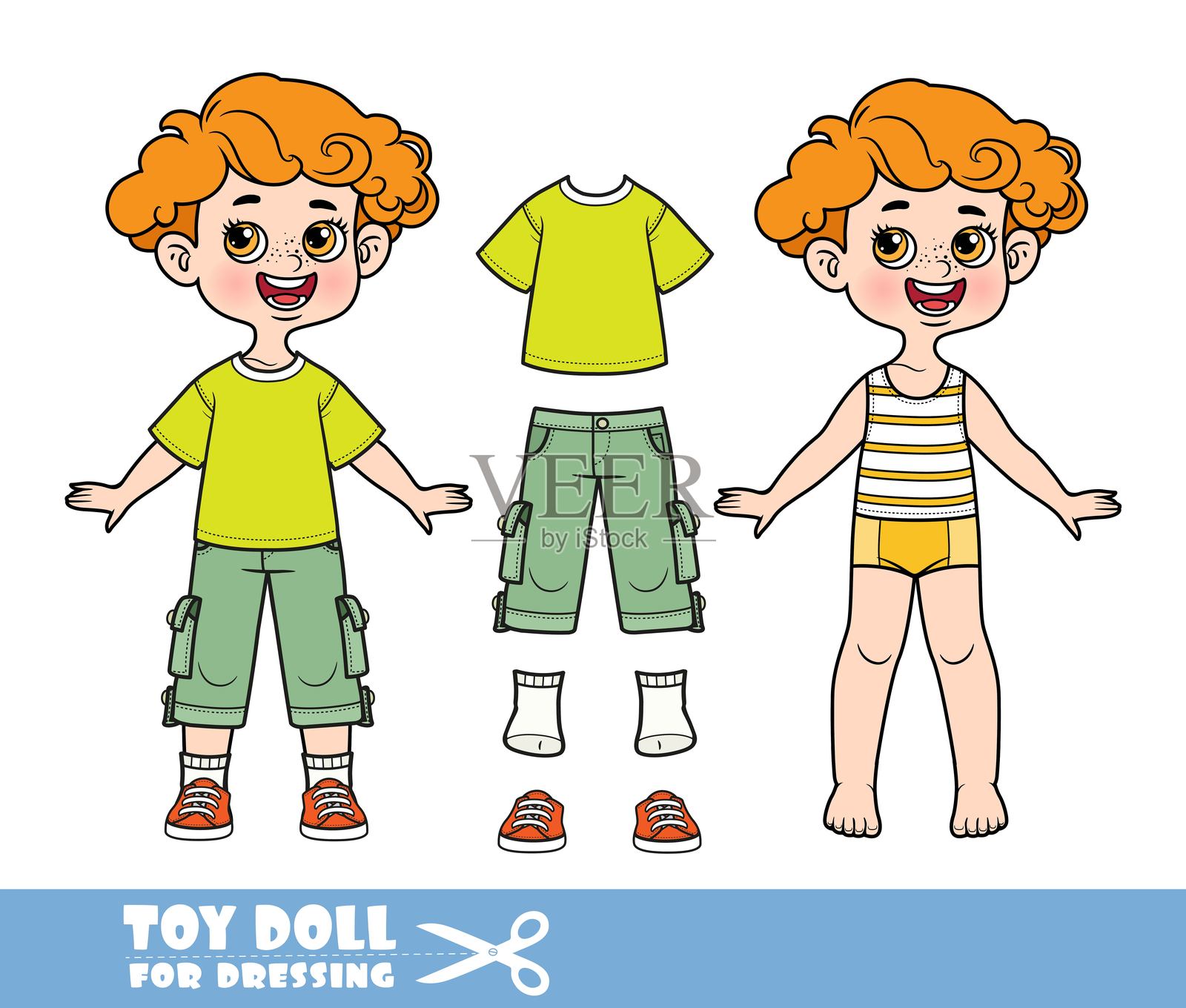 卡通红发男孩穿着分开的衣服 - 绿色T恤、短裤和运动鞋的穿衣玩偶插画图片素材