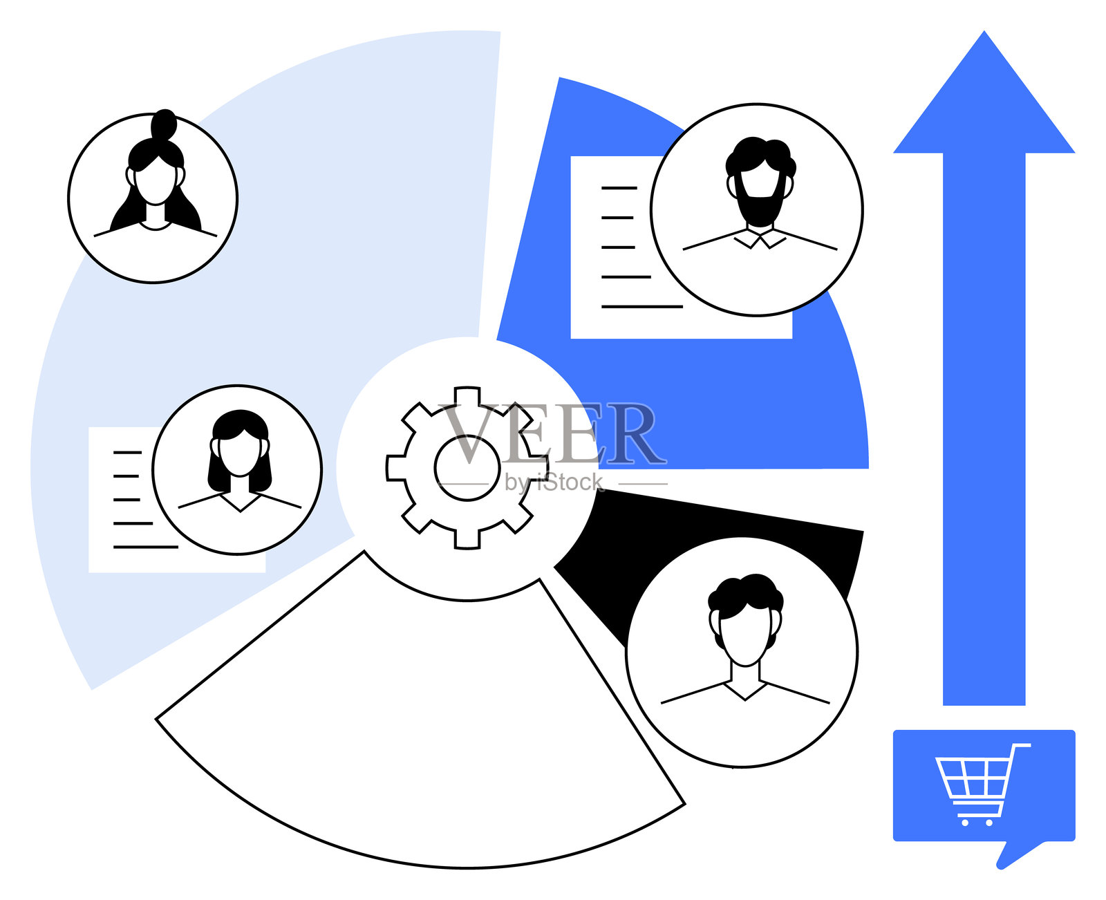 团队工作流程与饼图和增长箭头突出商业发展策略插画图片素材