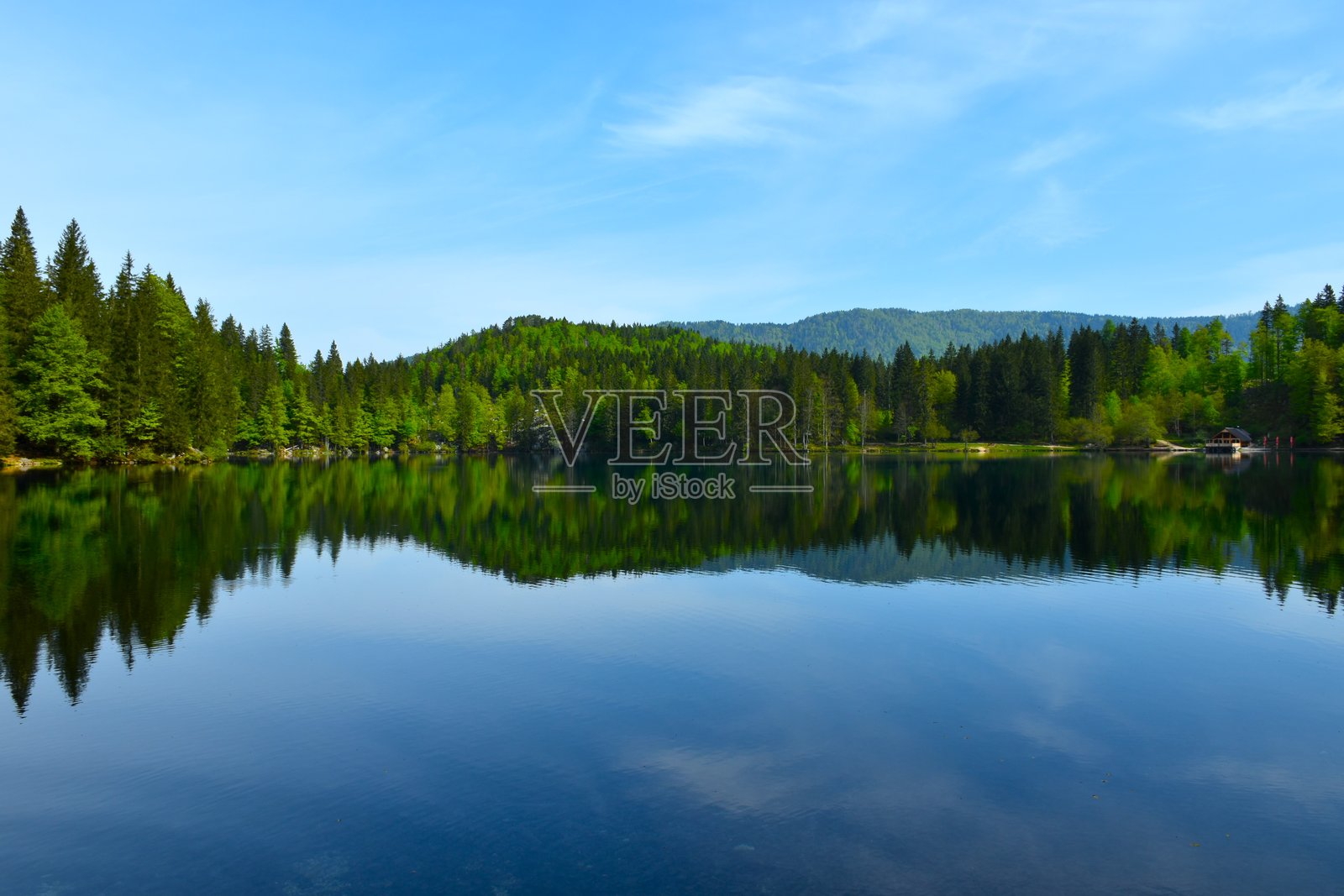 意大利塔尔维西奥市的弗西内下湖上方的森林覆盖山丘照片摄影图片