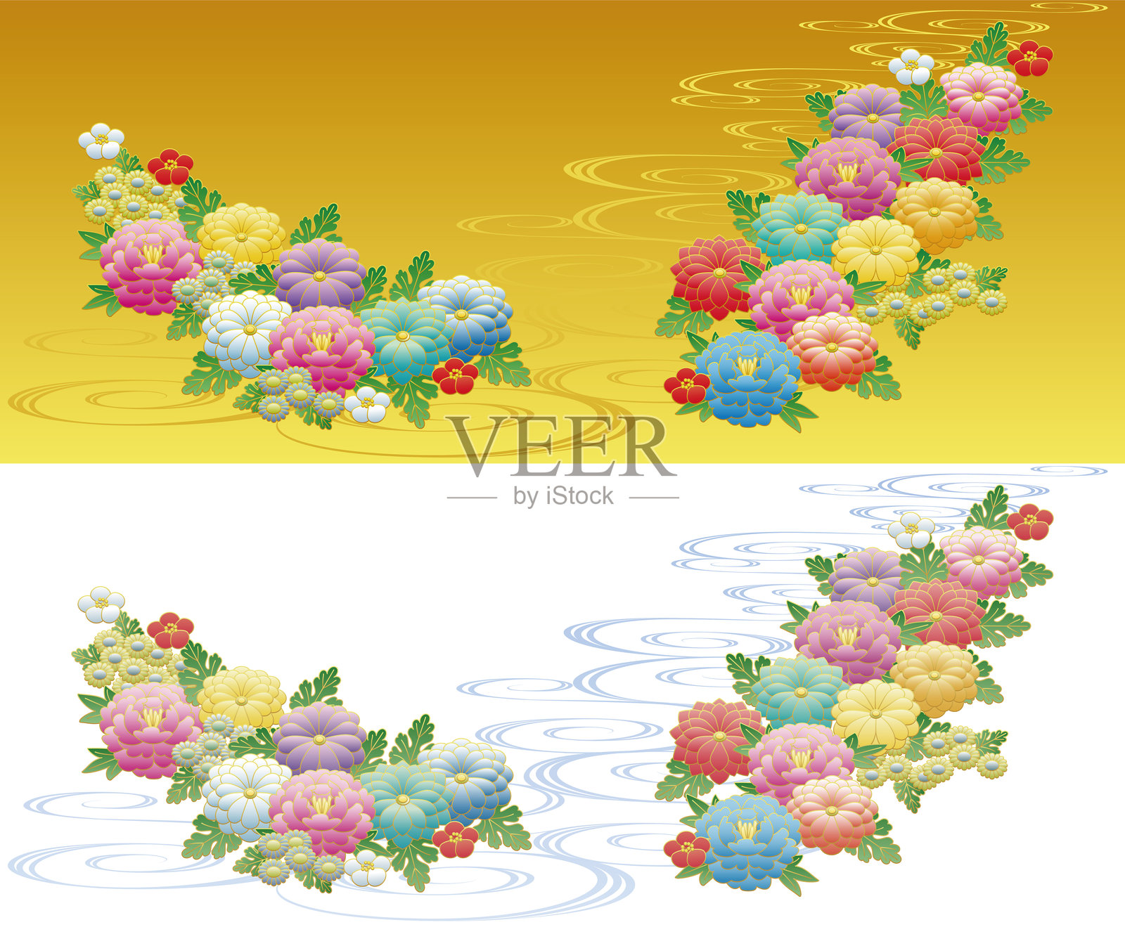 日本风格的菊花、梅花和流水图案背景元素素材。插画图片素材