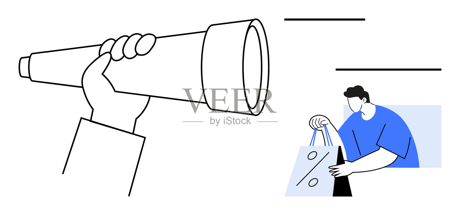 手握望远镜寻找折扣的购物者手提促销袋插画图片素材