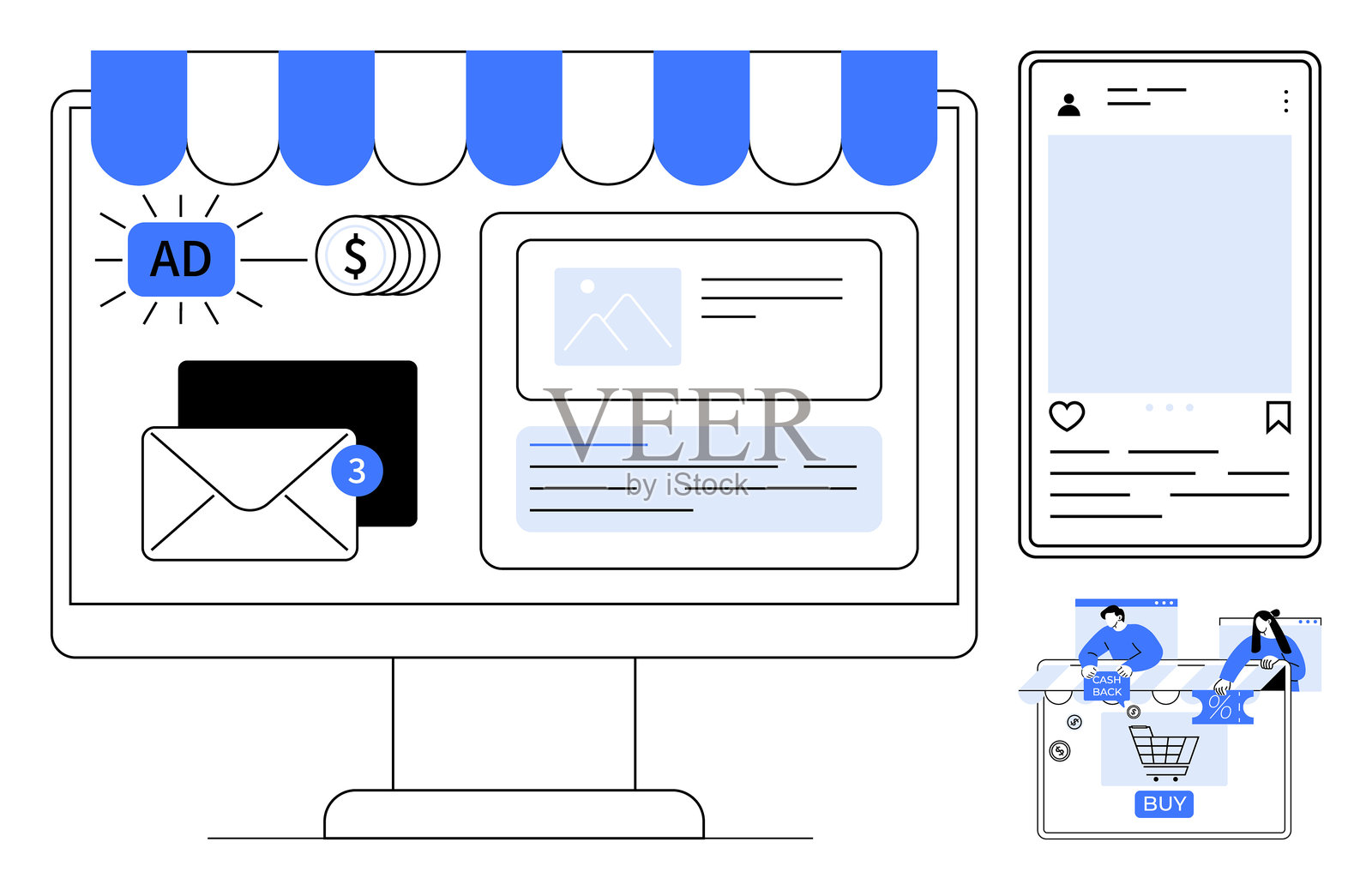 数字营销概念,包括在线商店、社交媒体、电子邮件提醒和电子商务图标插画图片素材
