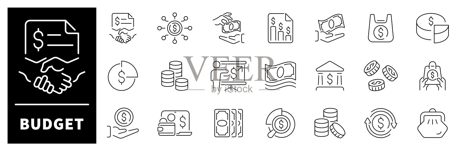 预算矢量图标。与预算和财务相关的细线图标集。钱、预算、储蓄、贷款、现金、收入、钱包、货币、美元、信用卡、硬币、收入符号。插画图片素材